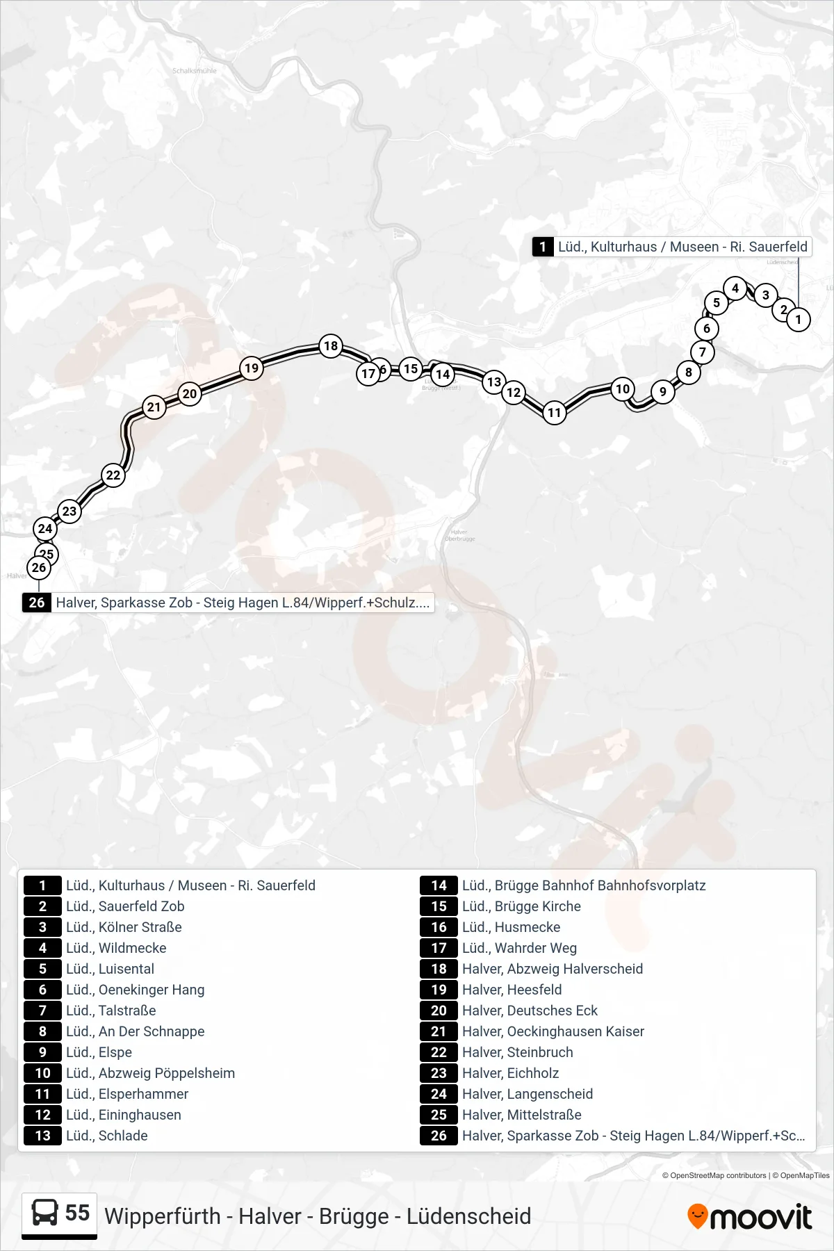 Linie 55 (Bus) Richtung Halver Zob: Route und Haltestellen auf der Karte