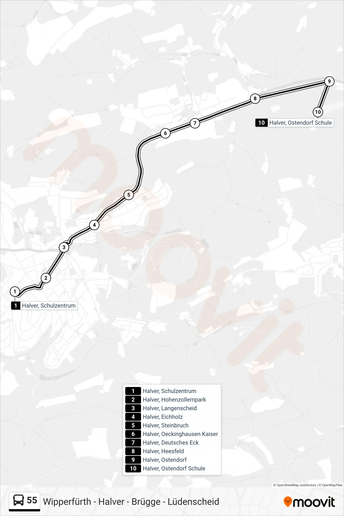 55 bus Line (Ostendorf) route and stops on a map