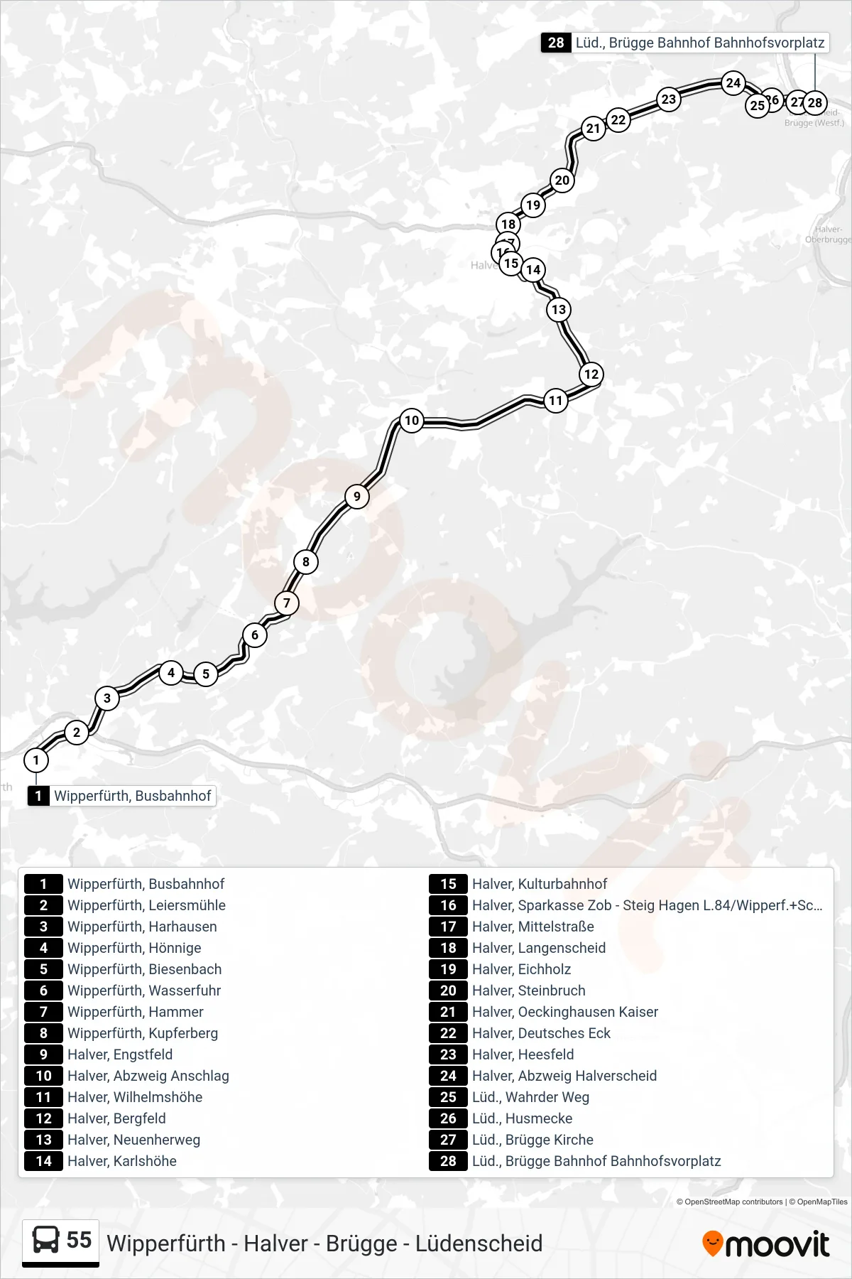 55 bus Line (Brügge Bf) route and stops on a map