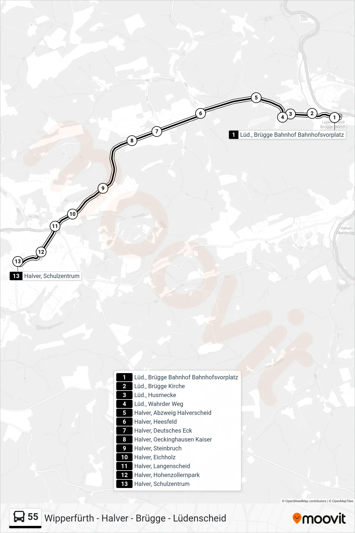 55 bus Line (Halver Schulzentr) route and stops on a map