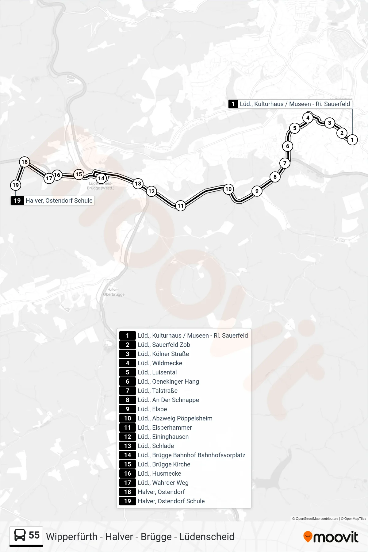 55 bus Line (Ostendorf) route and stops on a map