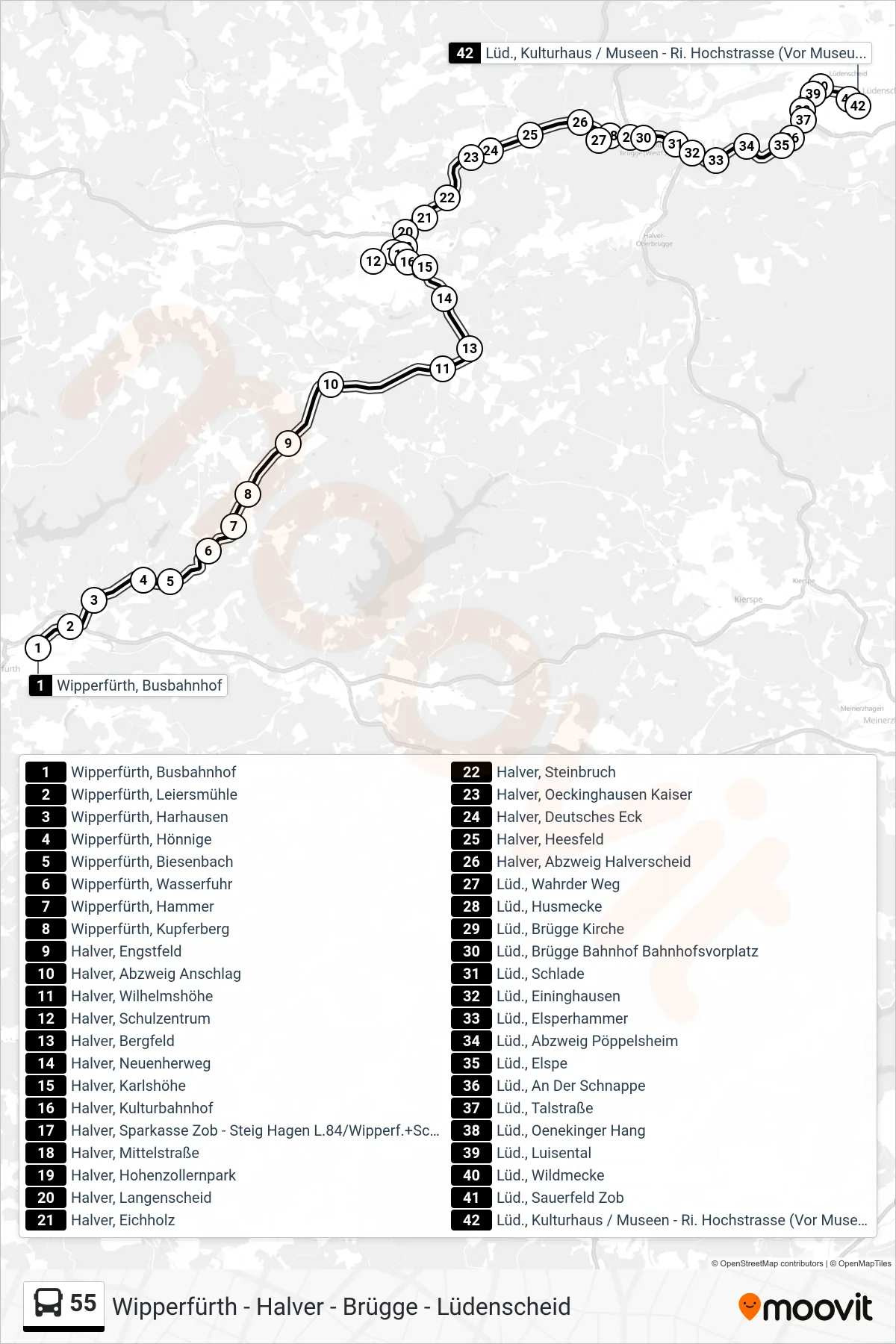55 bus Line (Lüdens. Kulturhs.) route and stops on a map