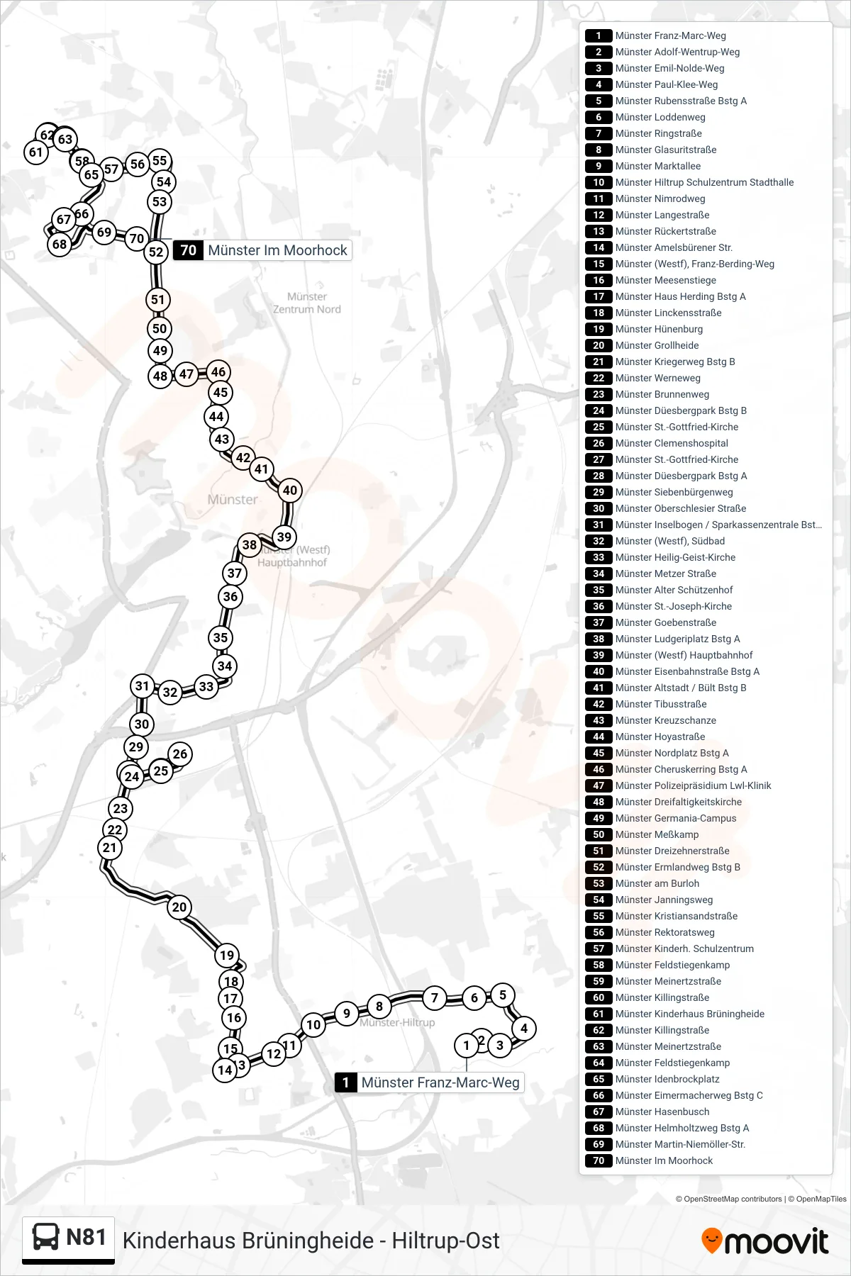 N81 bus Line (Münster Im Moorhock) route and stops on a map