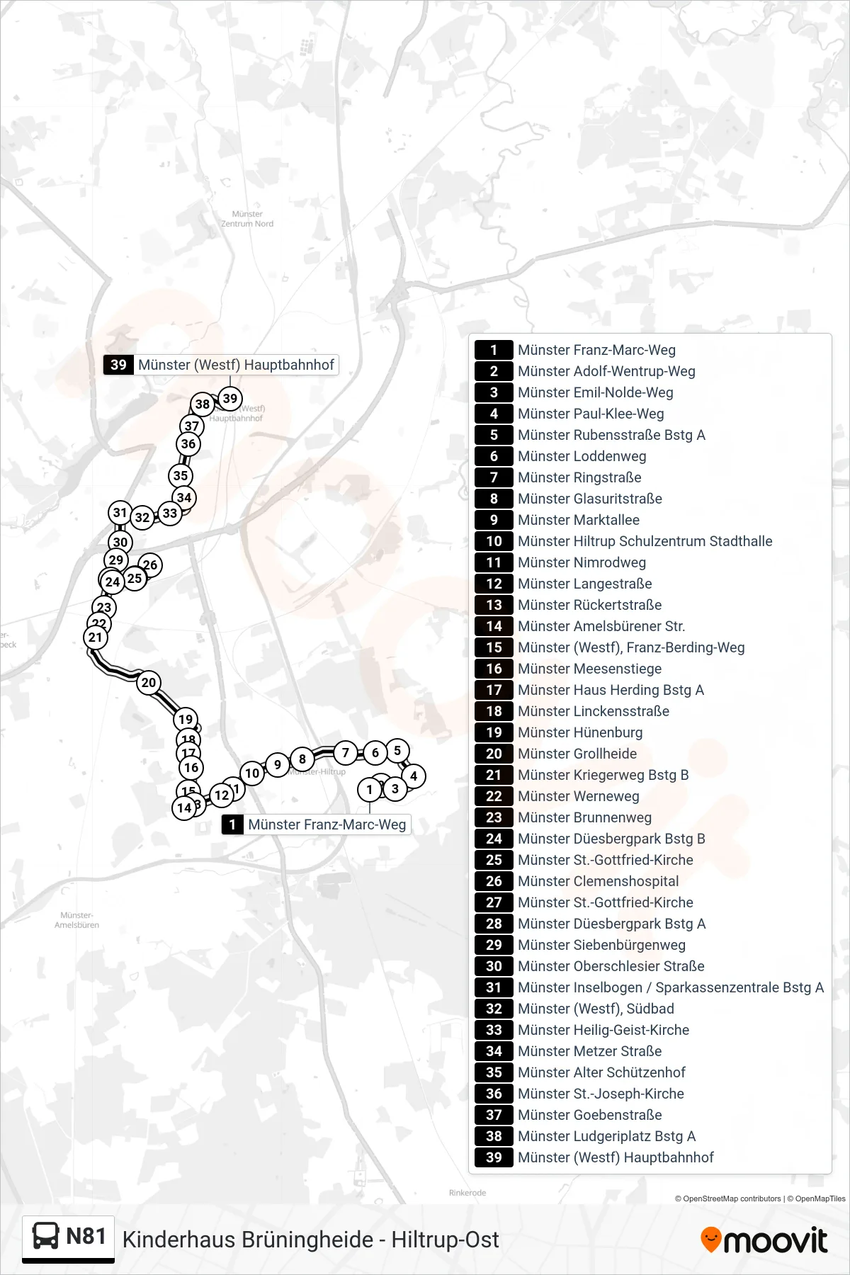 N81 bus Line (Hauptbahnhof) route and stops on a map