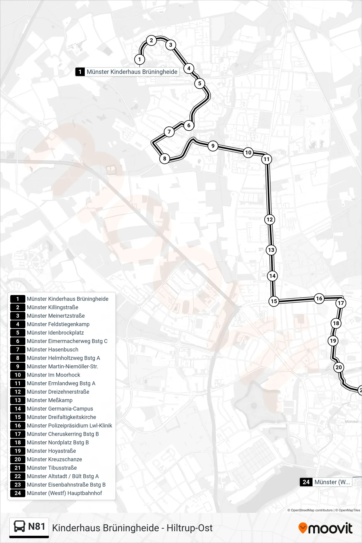 N81 bus Line (Hauptbahnhof) route and stops on a map