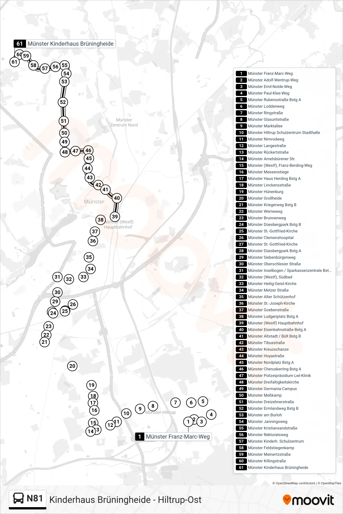 N81 bus Line (Kinderhaus Brüningheide) route and stops on a map