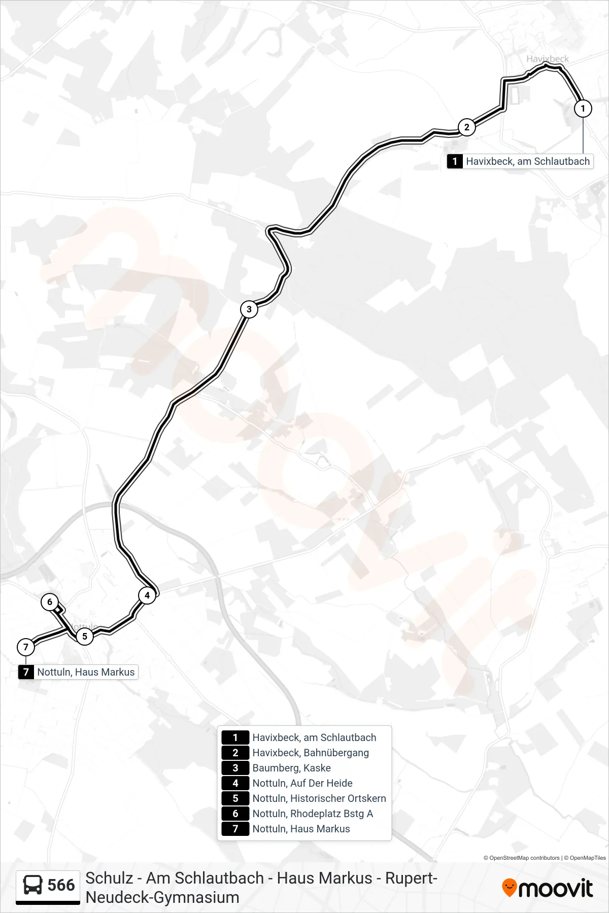 566 bus Line (Nottuln, Haus Markus) route and stops on a map