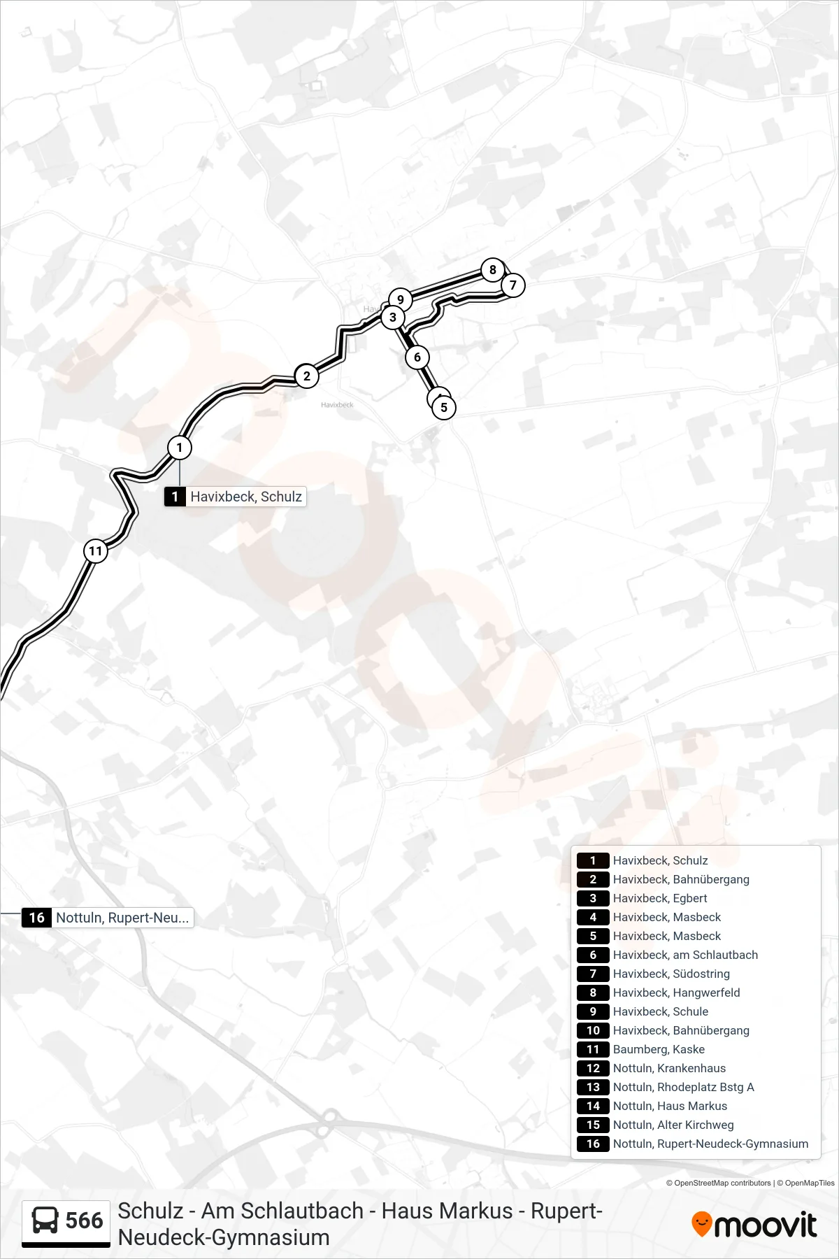 Linie 566 (Bus) Richtung Nottuln, Rupert-Neudeck-Gymnasium: Route und Haltestellen auf der Karte