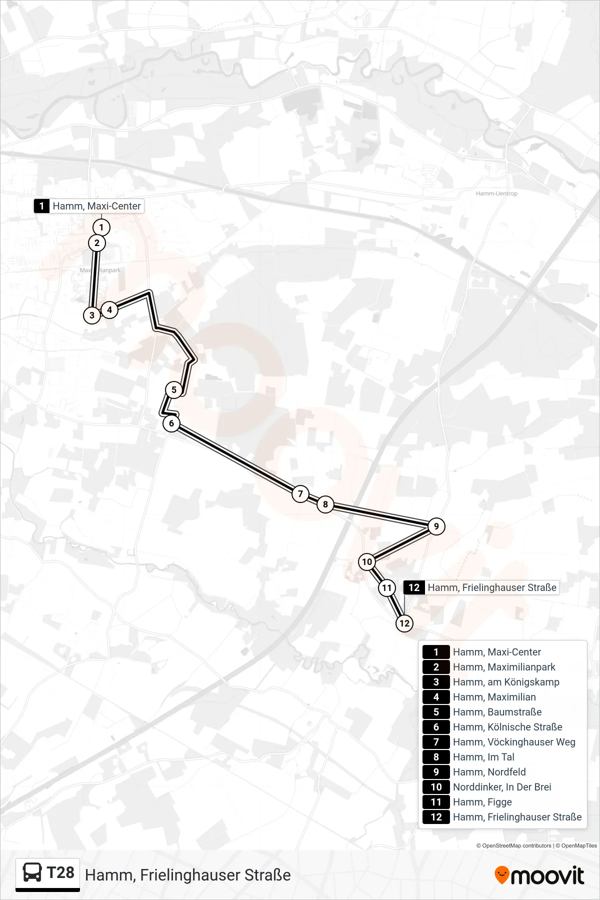 T28 bus Line (Hamm, Frielinghauser Straße) route and stops on a map