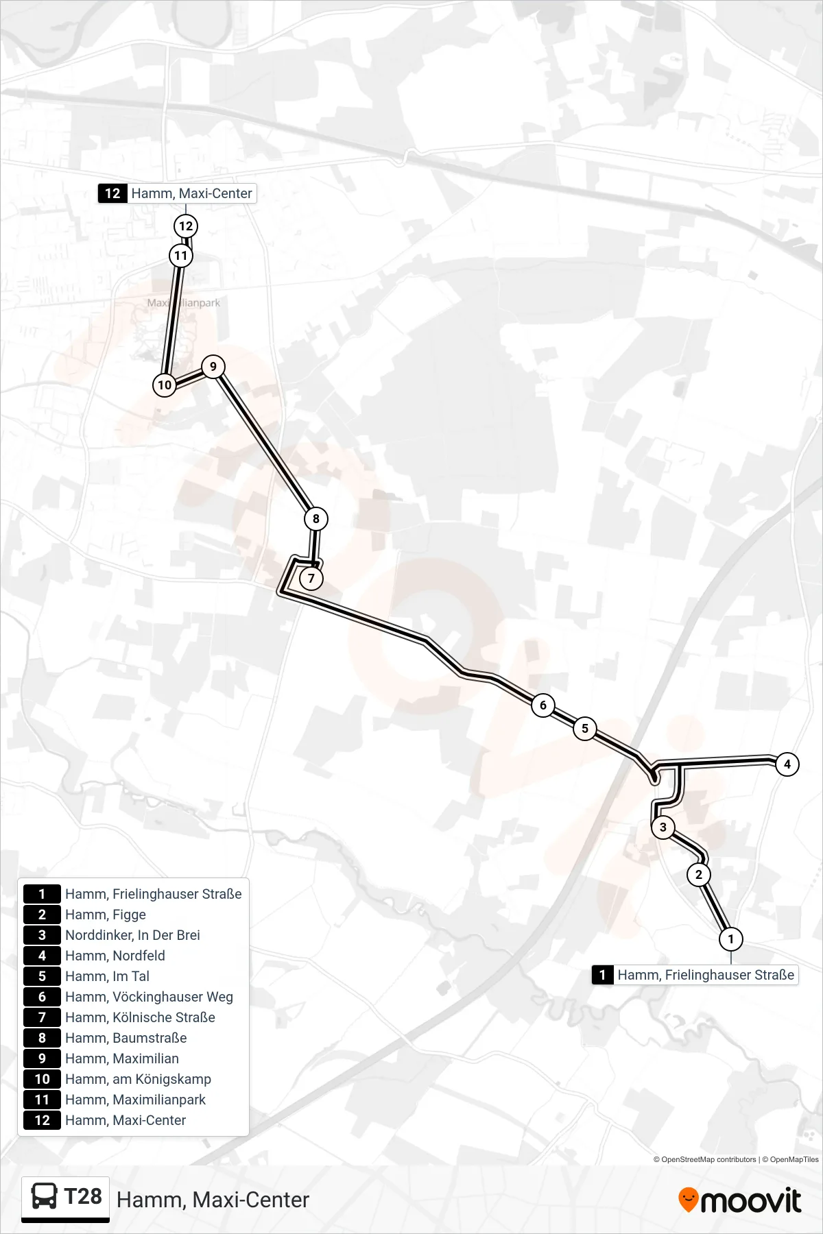Linie T28 (Bus) Richtung Hamm, Maxi-Center: Route und Haltestellen auf der Karte