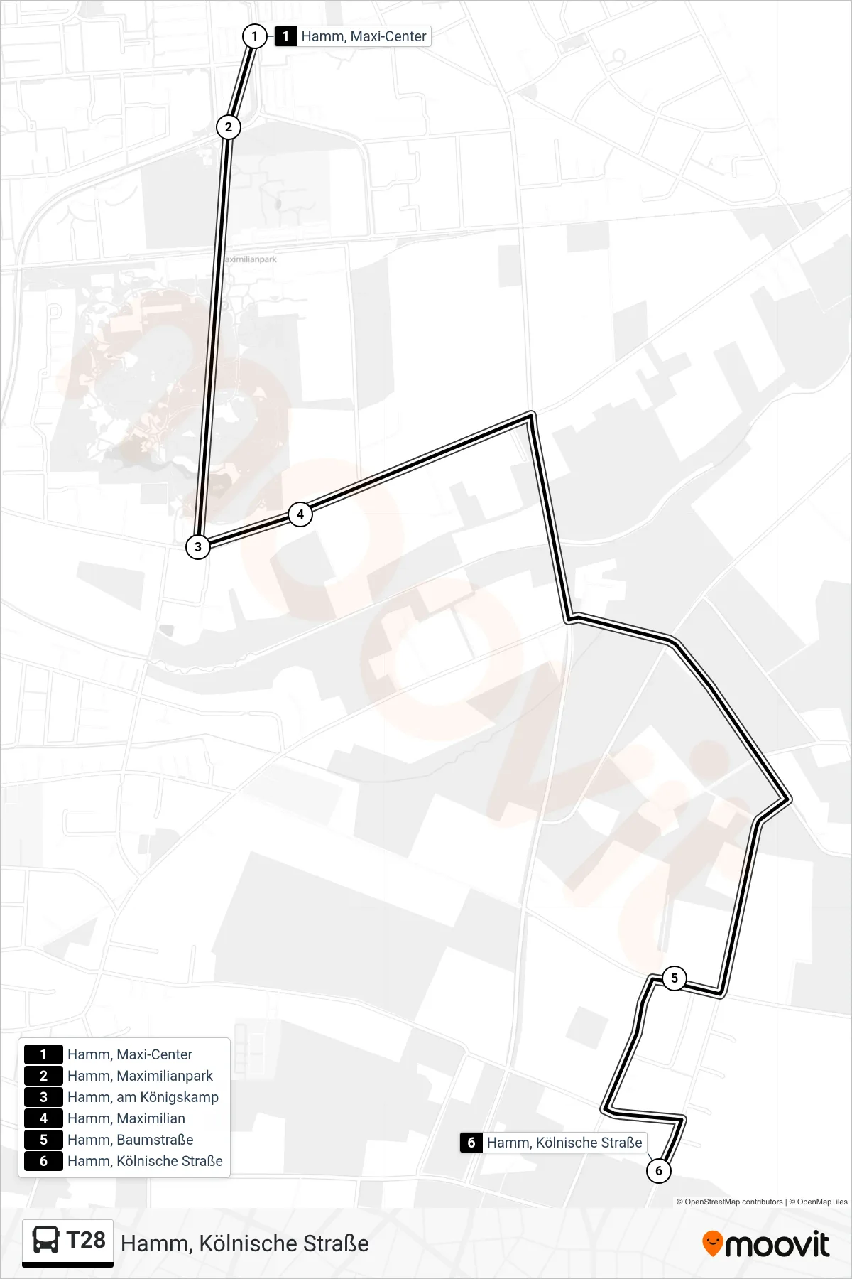 T28 bus Line (Hamm, Kölnische Straße) route and stops on a map
