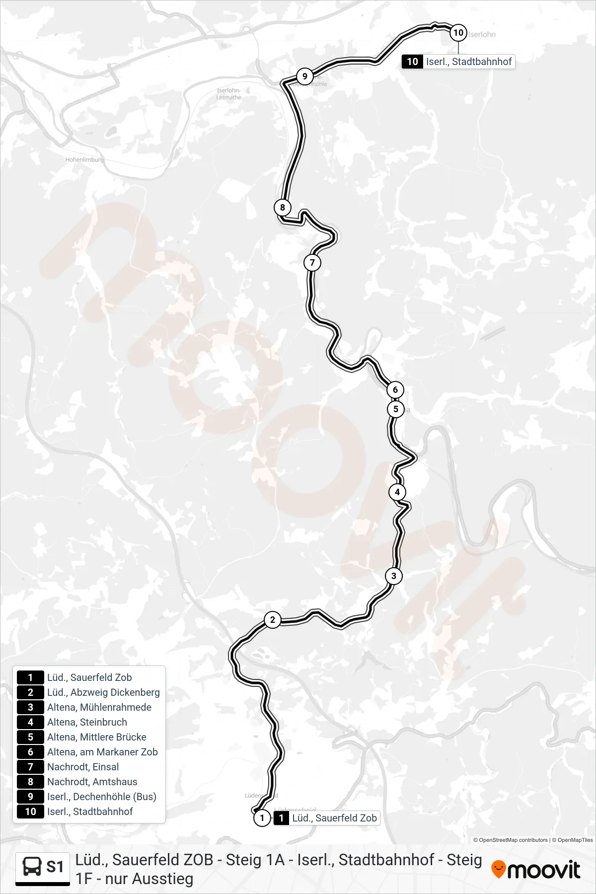 S1 bus Line (Iserl., Stadtbahnhof - Steig 3) route and stops on a map