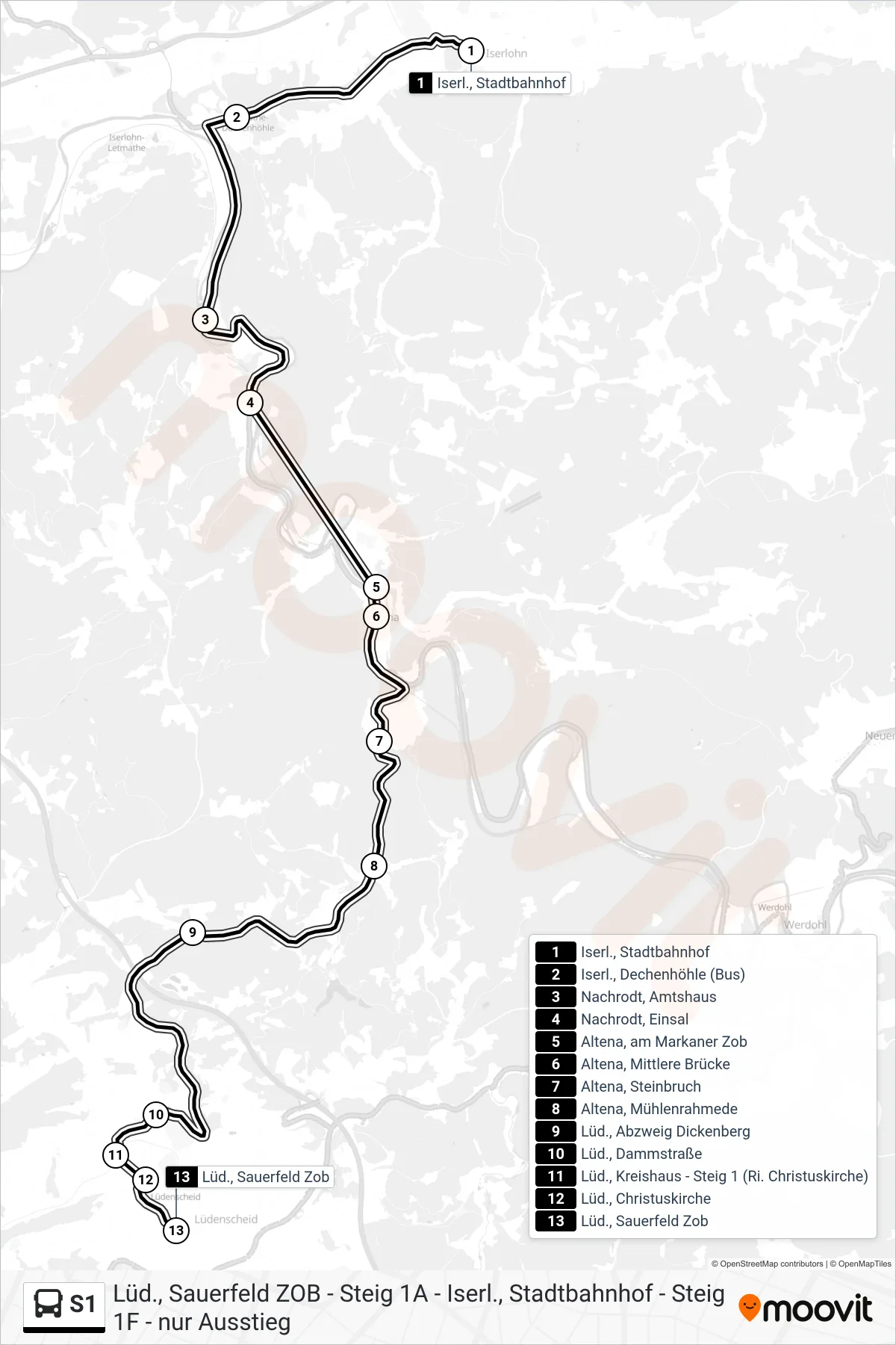 Linie S1 (Bus) Richtung Lüd., Sauerfeld Zob - Steig 2a: Route und Haltestellen auf der Karte