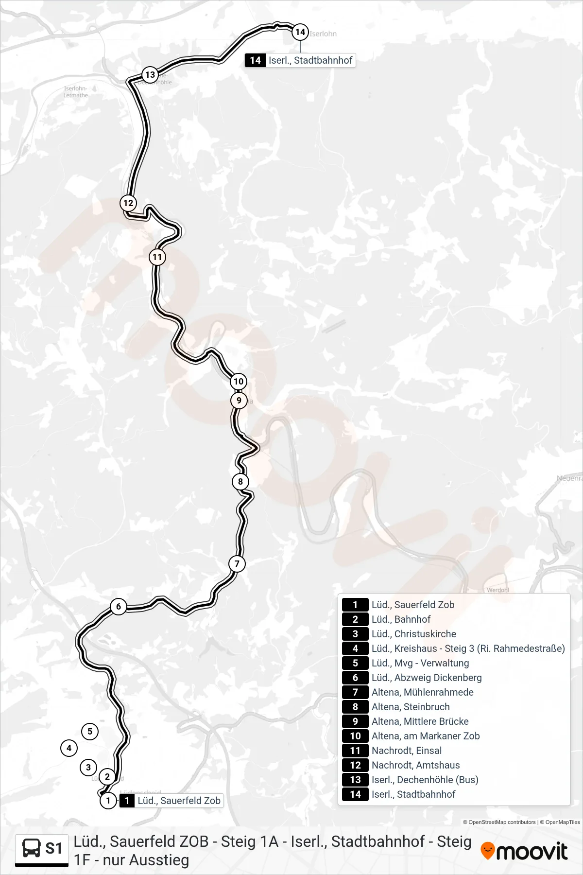 S1 bus Line (Iserl., Stadtbahnhof - Steig 1f - Nur Ausstieg) route and stops on a map
