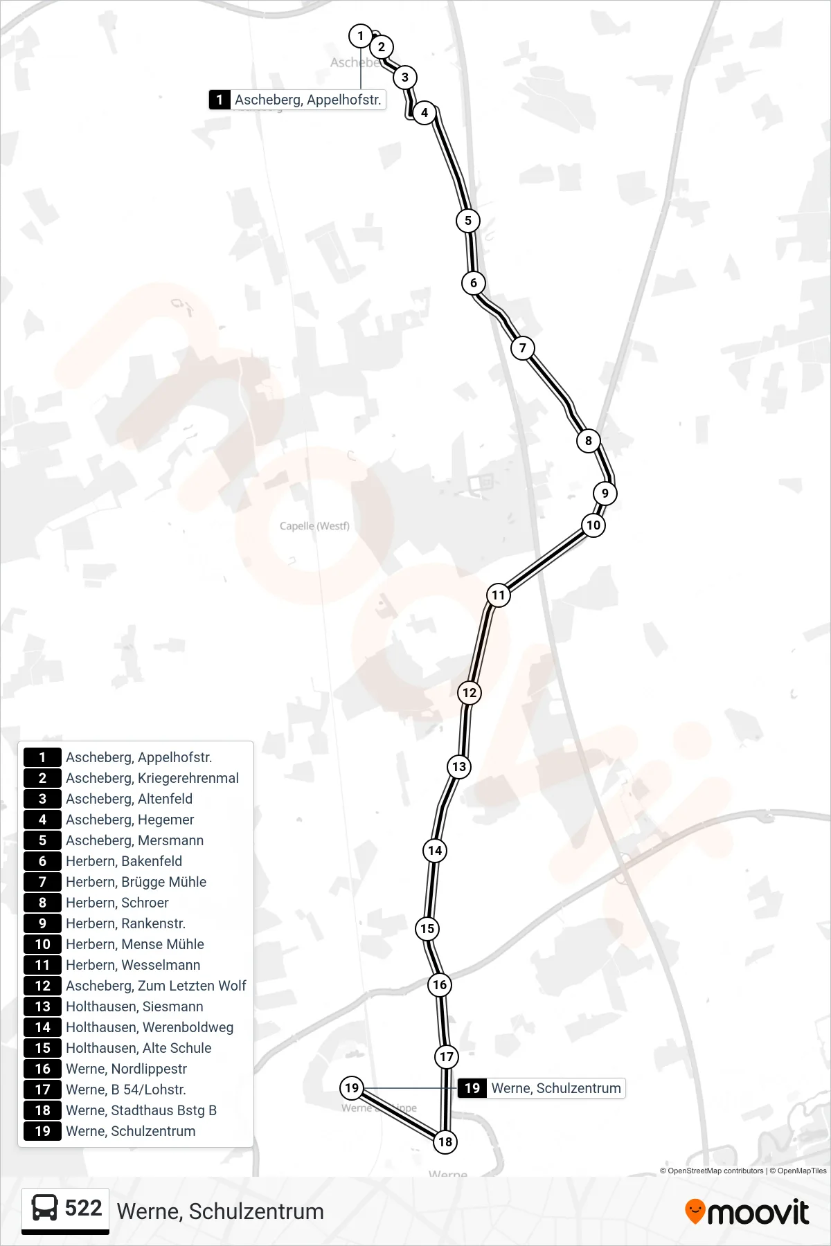 Linie 522 (Bus) Richtung Werne, Schulzentrum: Route und Haltestellen auf der Karte