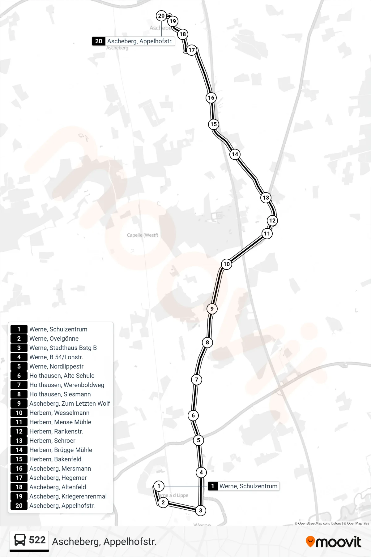 Linie 522 (Bus) Richtung Ascheberg, Appelhofstr.: Route und Haltestellen auf der Karte