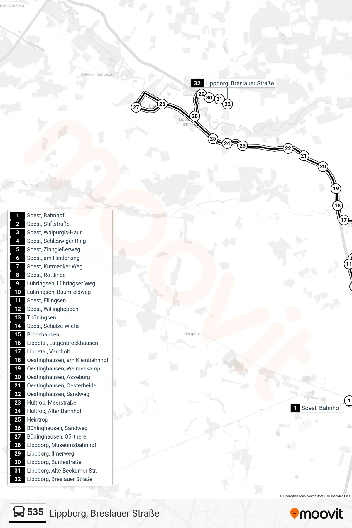 535 bus Line (Lippborg, Breslauer Straße) route and stops on a map