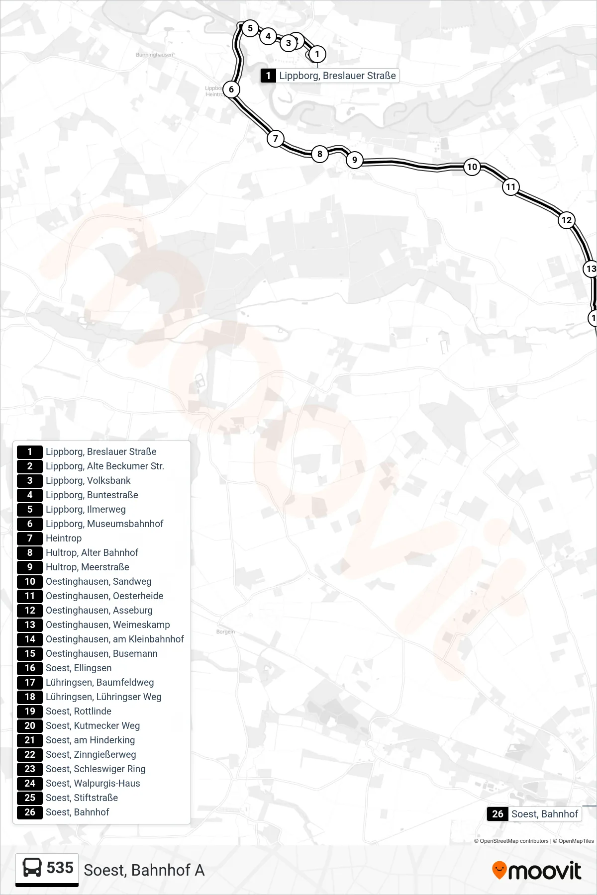 Linie 535 (Bus) Richtung Soest, Bahnhof A: Route und Haltestellen auf der Karte