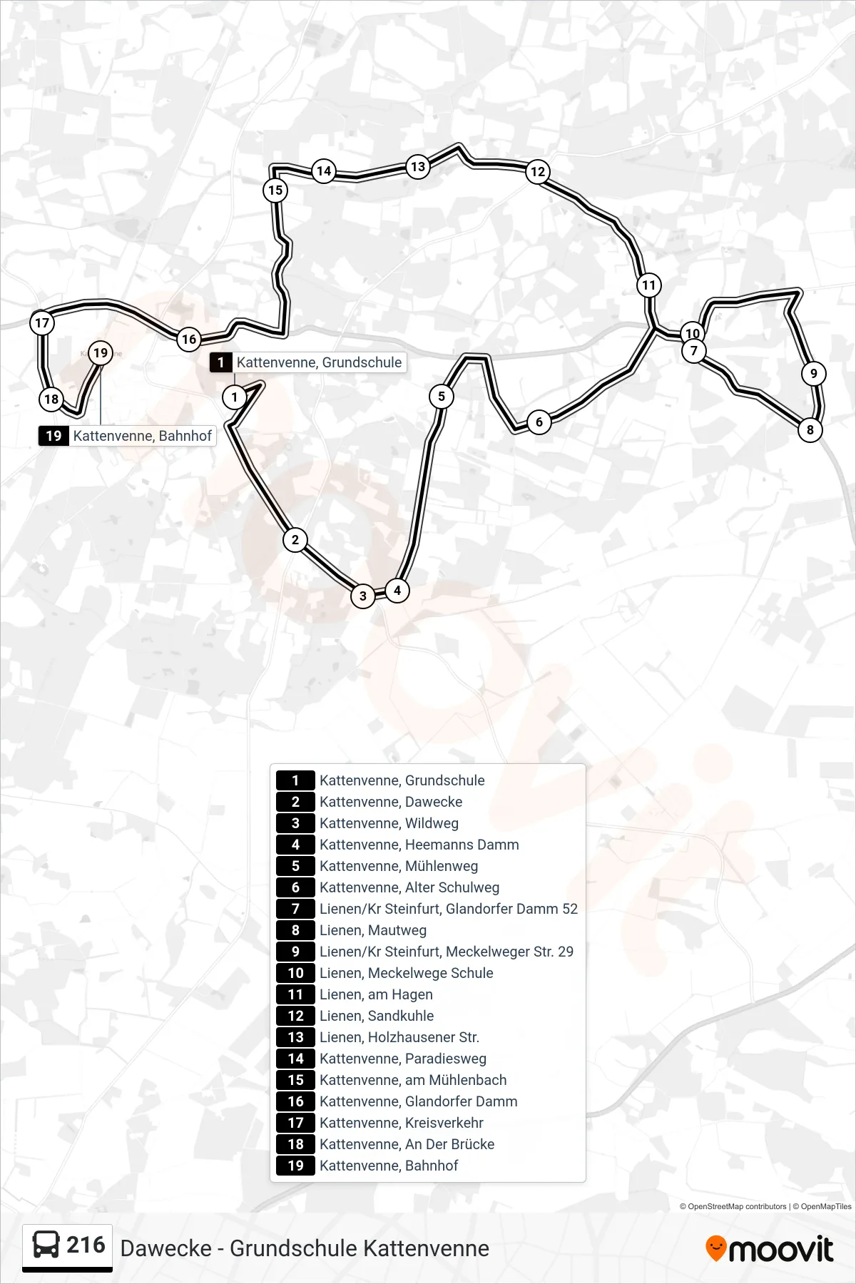 Linie 216 (Bus) Richtung Kattenvenne, Bahnhof: Route und Haltestellen auf der Karte
