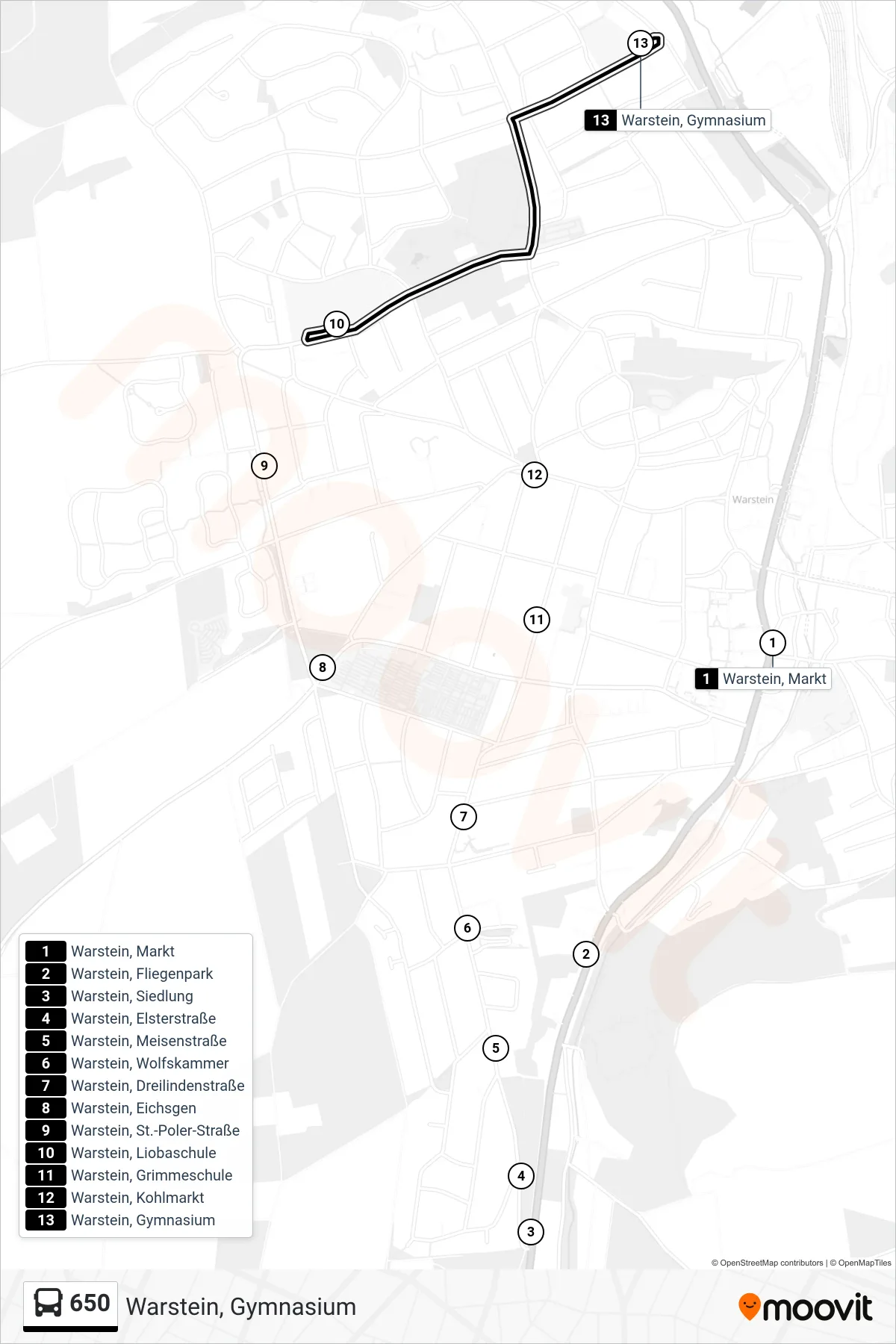 650 bus Line (Warstein, Gymnasium) route and stops on a map