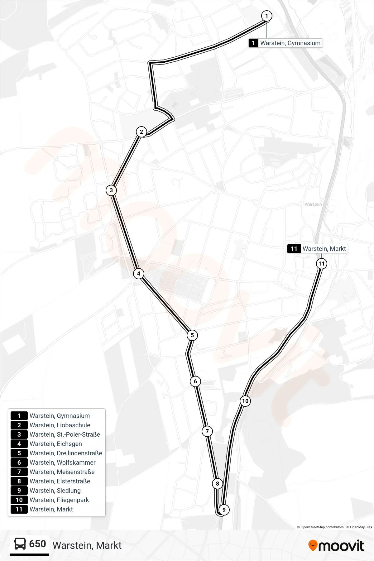 Linie 650 (Bus) Richtung Warstein, Markt: Route und Haltestellen auf der Karte