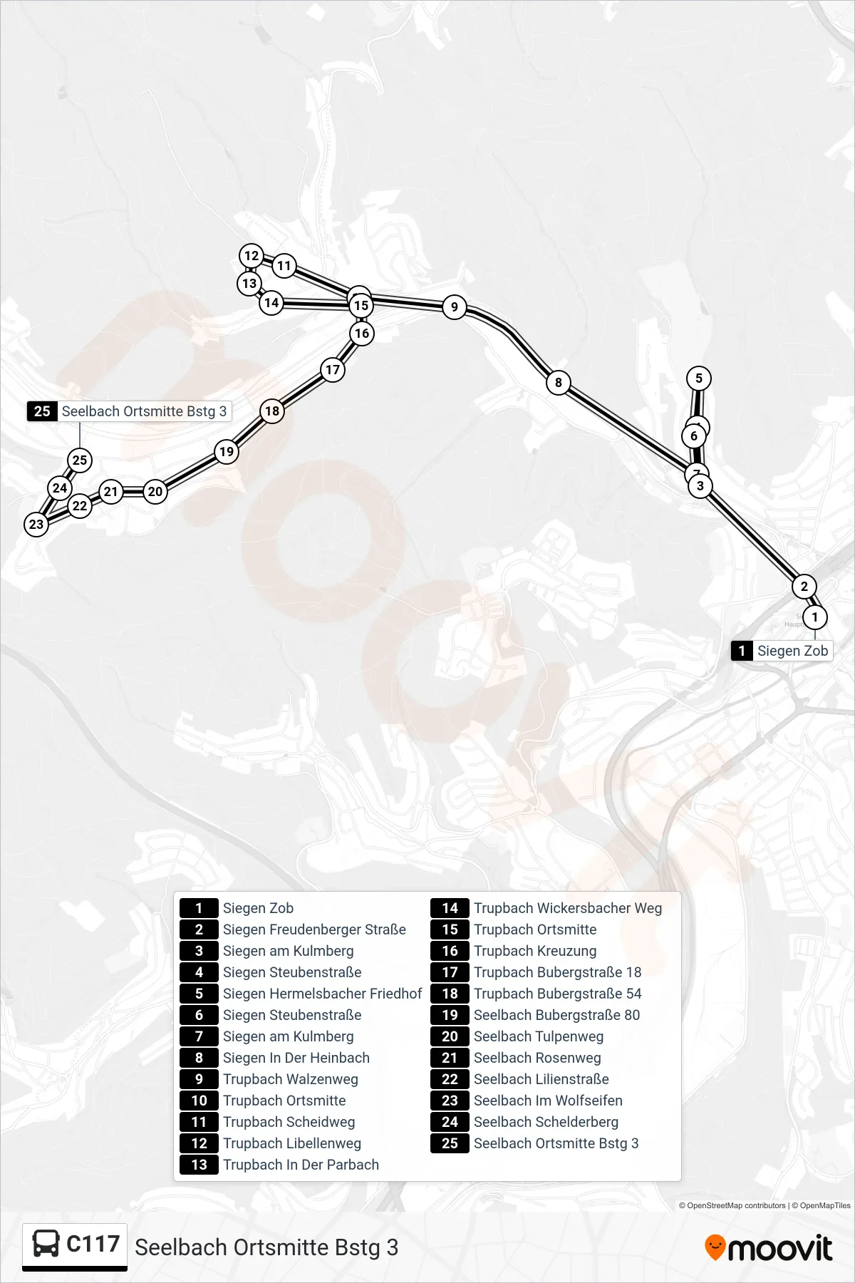 C117 bus Line (Seelbach Ortsmitte Bstg 3) route and stops on a map