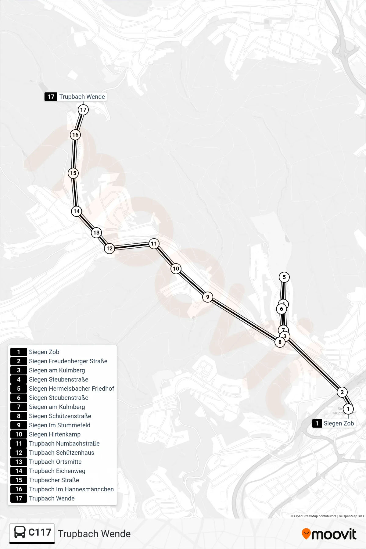 Linie C117 (Bus) Richtung Trupbach Wende: Route und Haltestellen auf der Karte