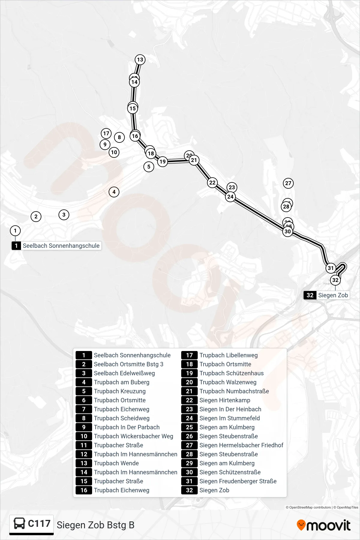 Linie C117 (Bus) Richtung Siegen Zob Bstg B: Route und Haltestellen auf der Karte