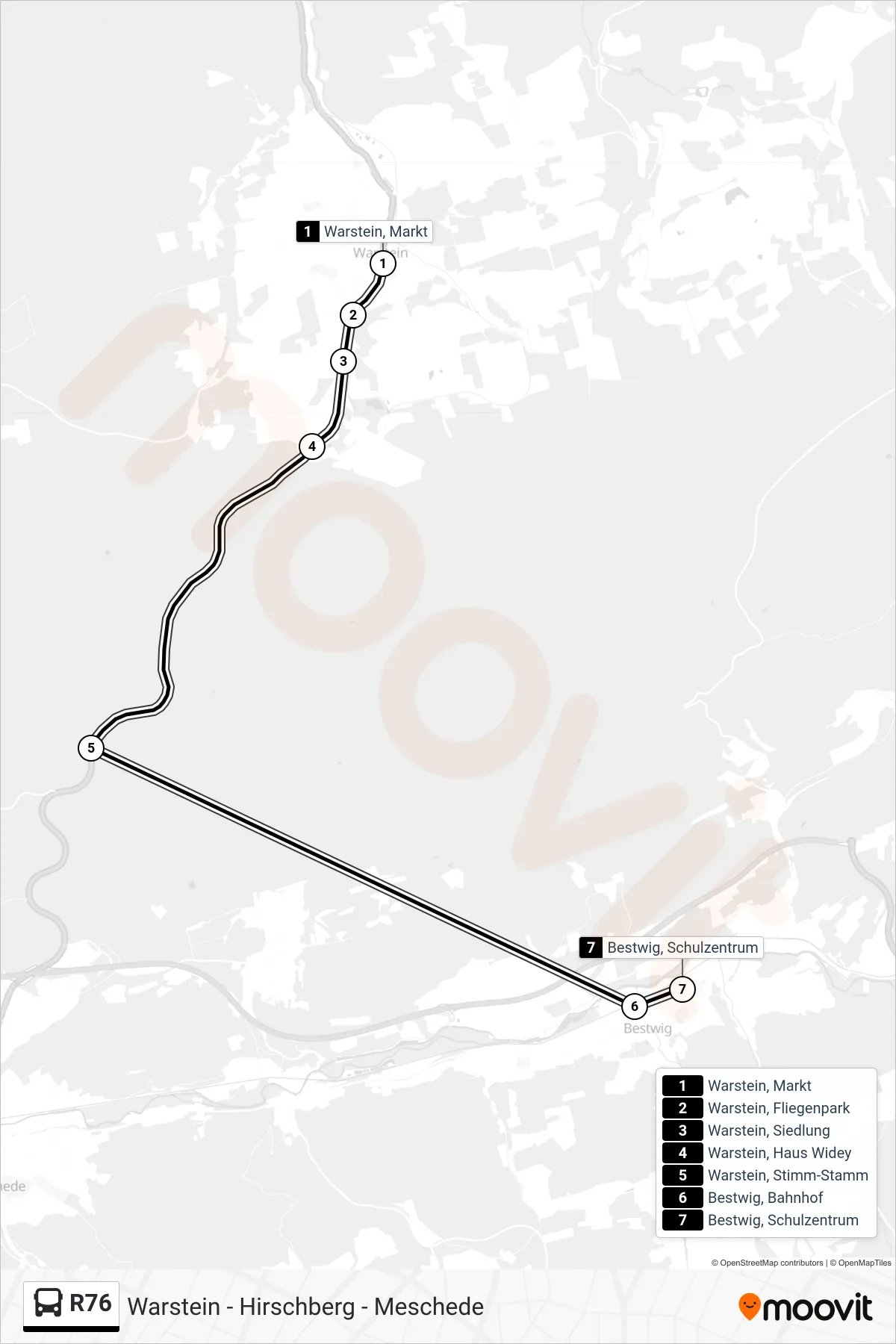 R76 bus Line (Bestwig) route and stops on a map