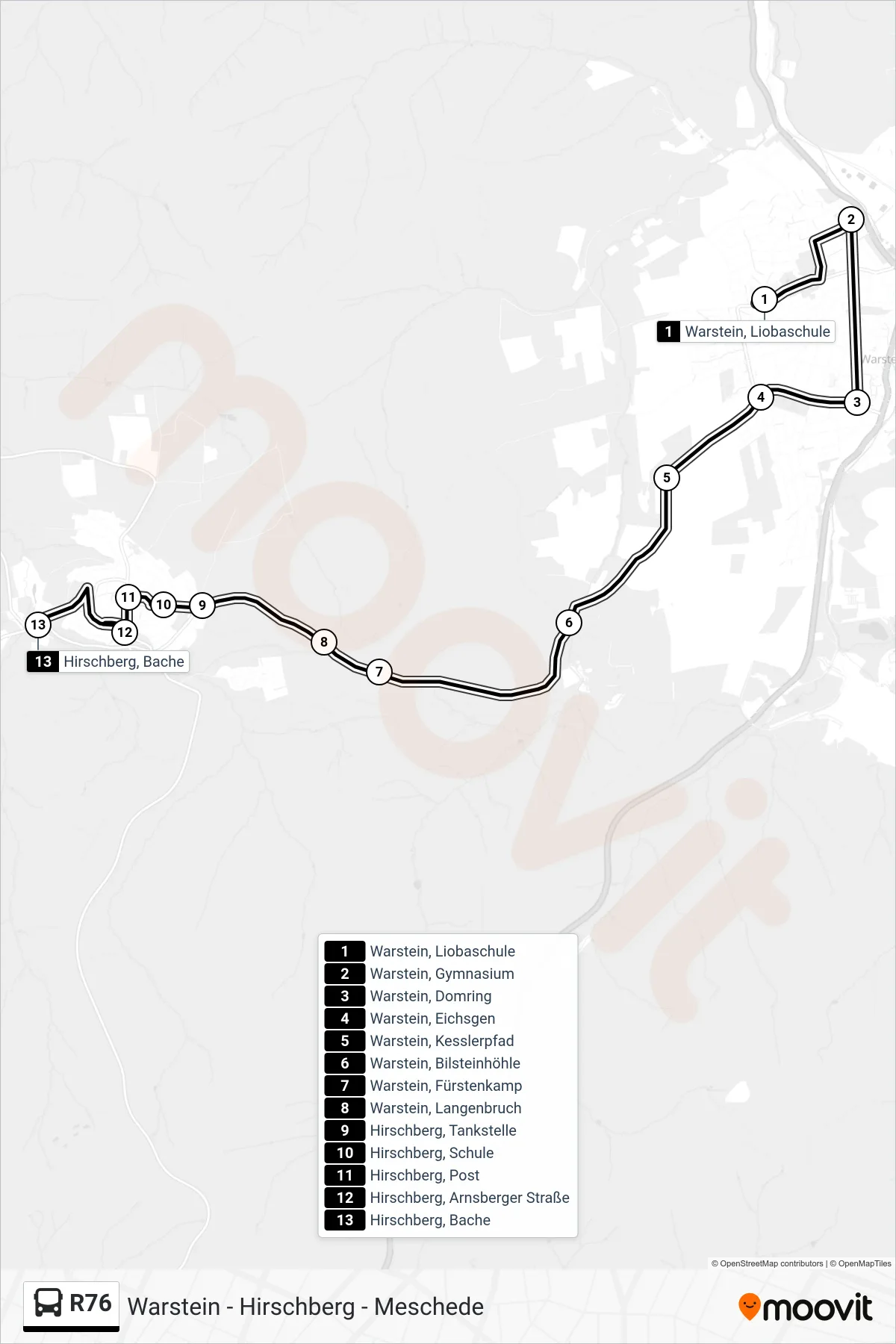 R76 bus Line (Hirschberg) route and stops on a map