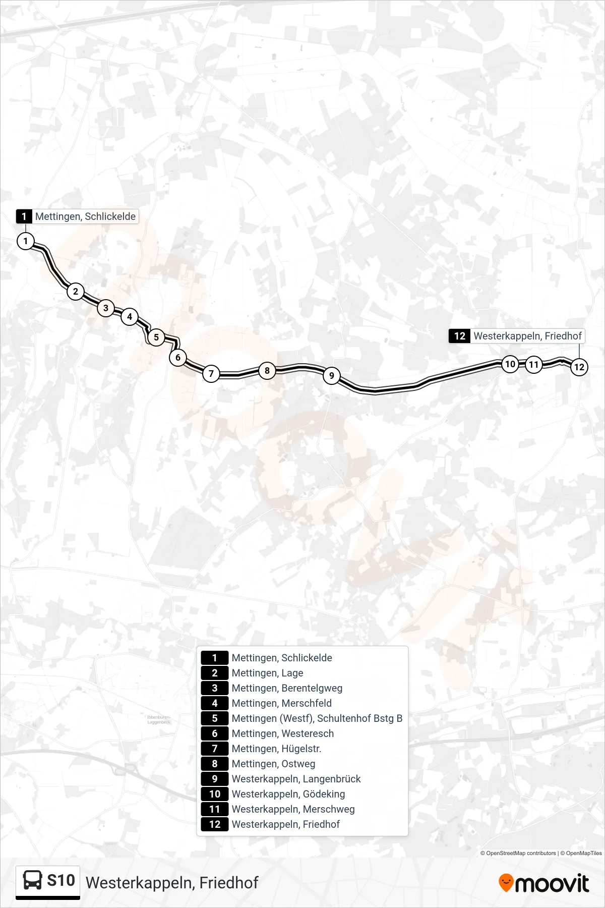 Linie S10 (Bus) Richtung Westerkappeln, Friedhof: Route und Haltestellen auf der Karte