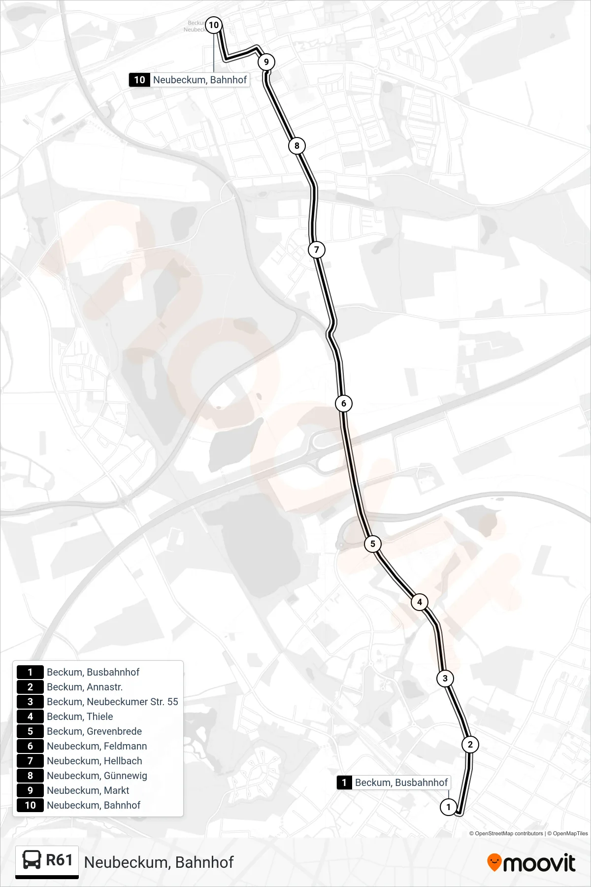 R61 bus Line (Neubeckum, Bahnhof) route and stops on a map