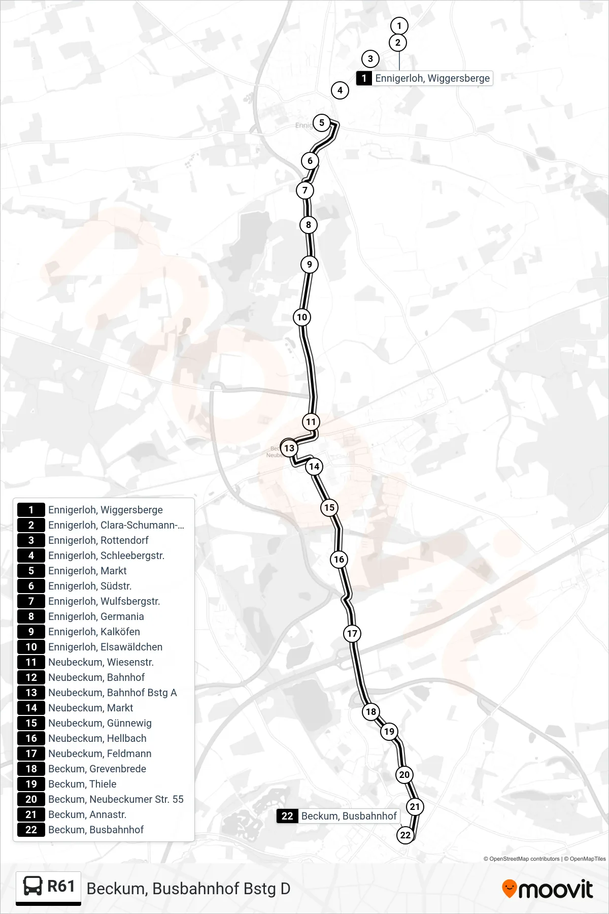 R61 bus Line (Beckum, Busbahnhof Bstg D) route and stops on a map