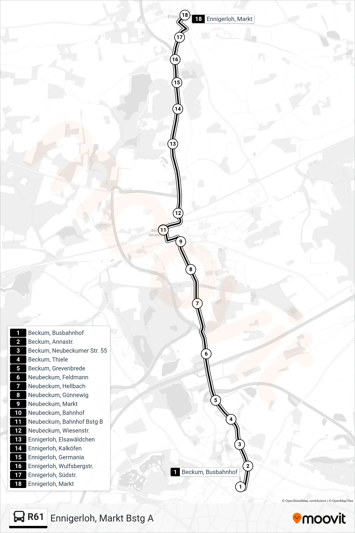 R61 bus Line (Ennigerloh, Markt Bstg A) route and stops on a map