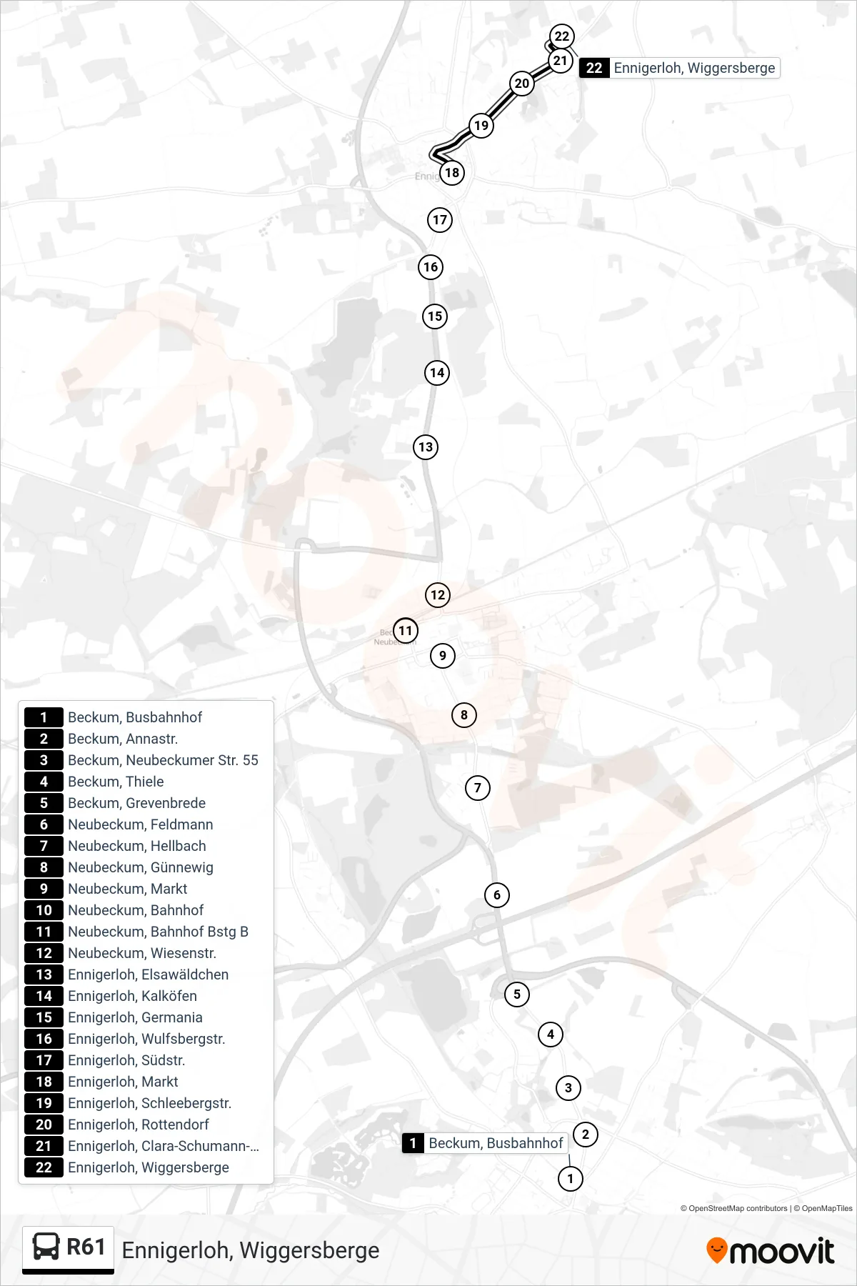 R61 bus Line (Ennigerloh, Wiggersberge) route and stops on a map