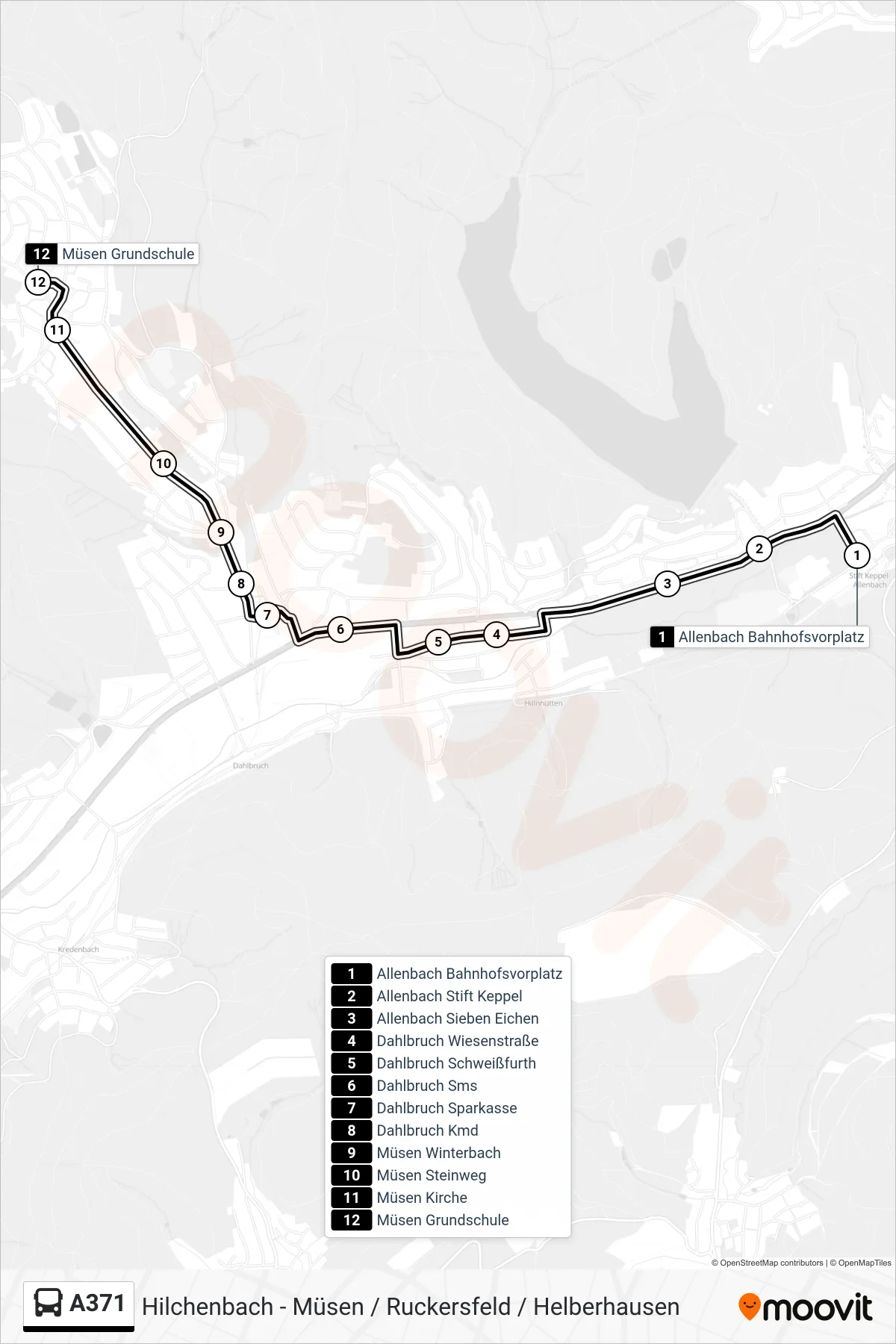 A371 bus Line (Müsen Grundschule) route and stops on a map