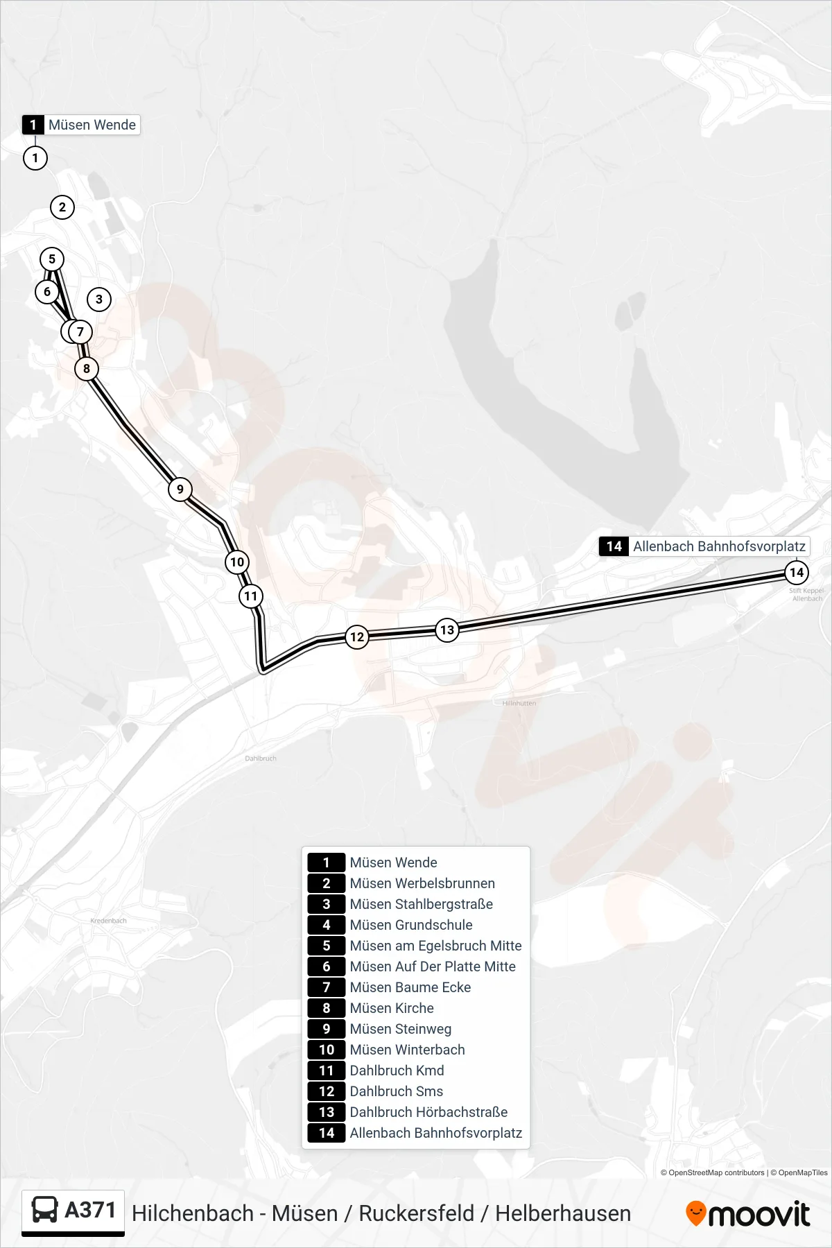 A371 bus Line (Allenbach Bahnhofsvorplatz) route and stops on a map