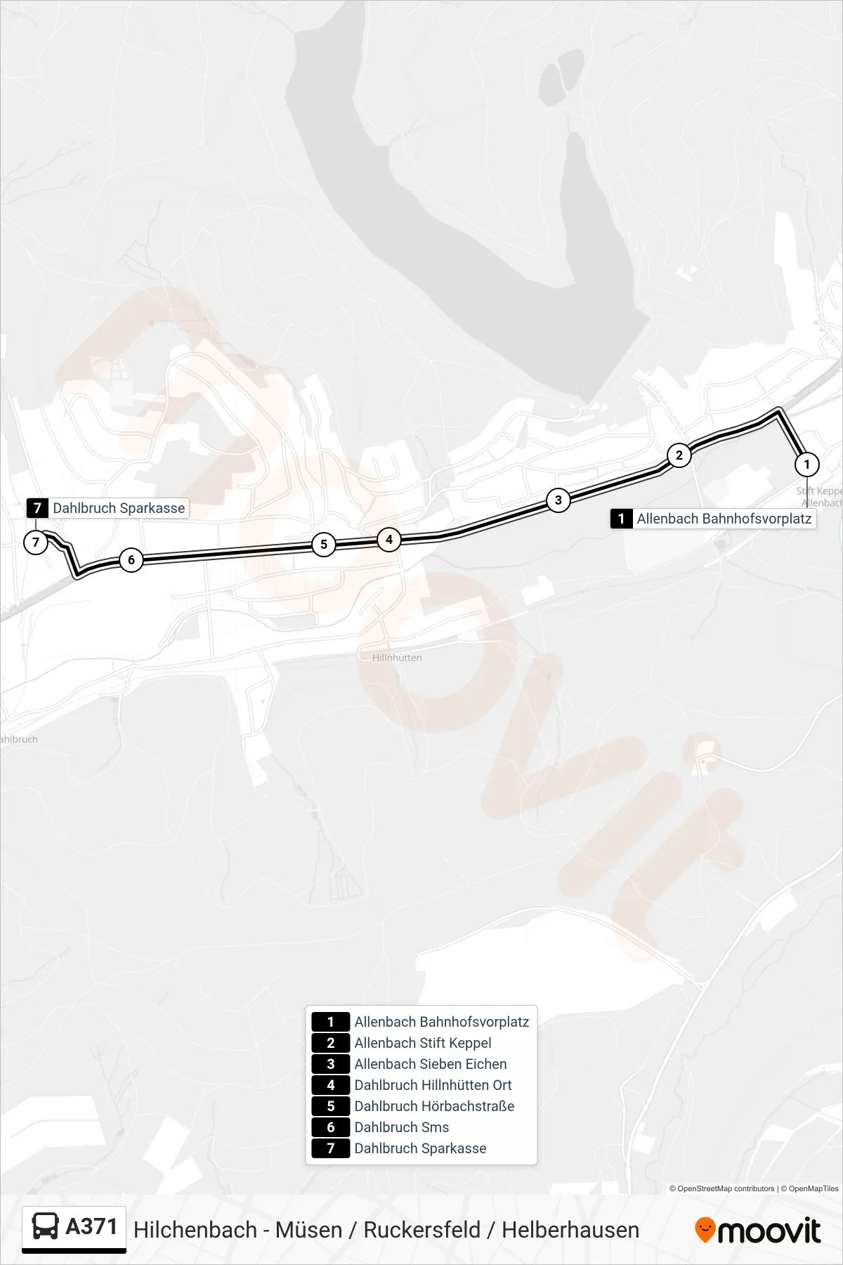 A371 bus Line (Dahlbruch Sparkasse) route and stops on a map