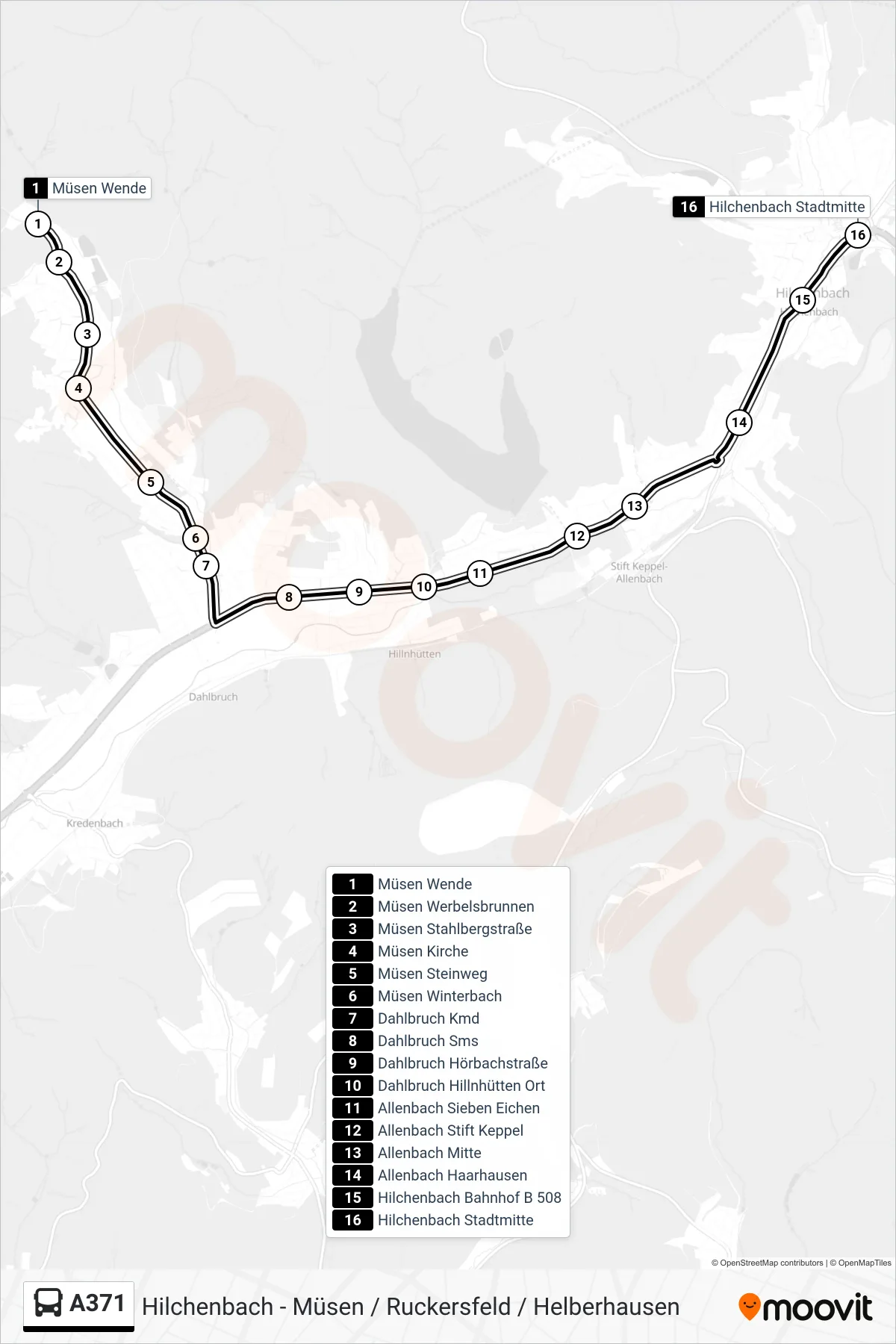A371 bus Line (Hilchenbach Stadtmitte) route and stops on a map