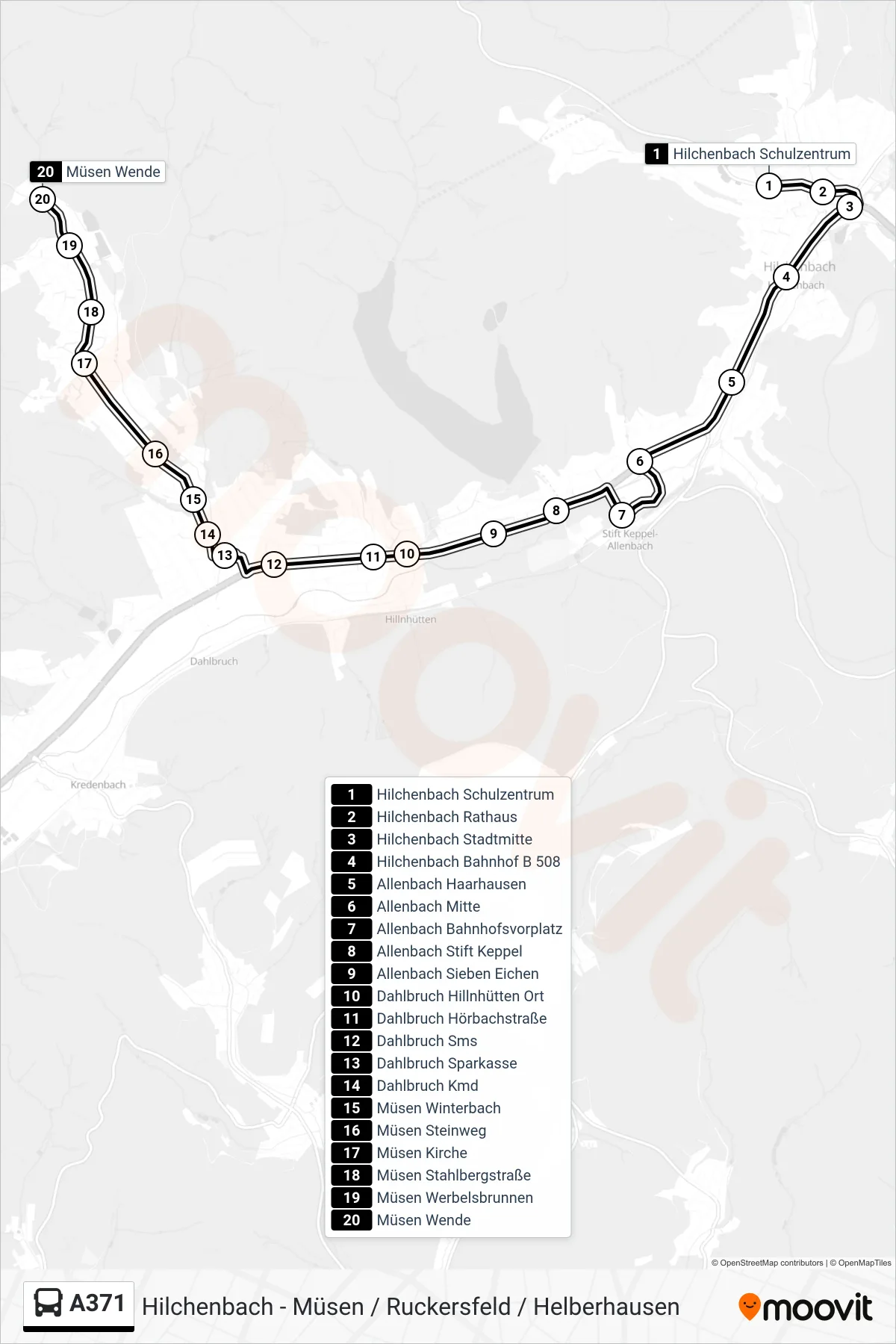 A371 bus Line (Müsen Wende) route and stops on a map