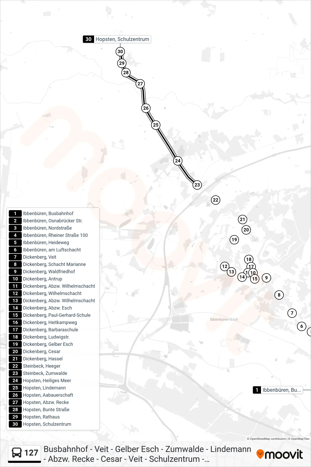 Linie 127 (Bus) Richtung Hopsten, Schulzentrum: Route und Haltestellen auf der Karte