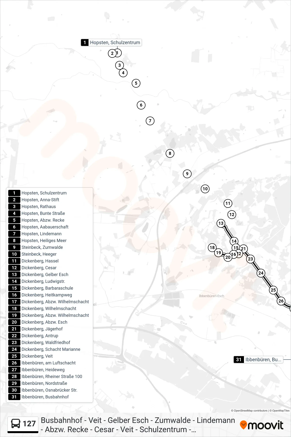 127 bus Line (Ibbenbüren, Busbahnhof) route and stops on a map