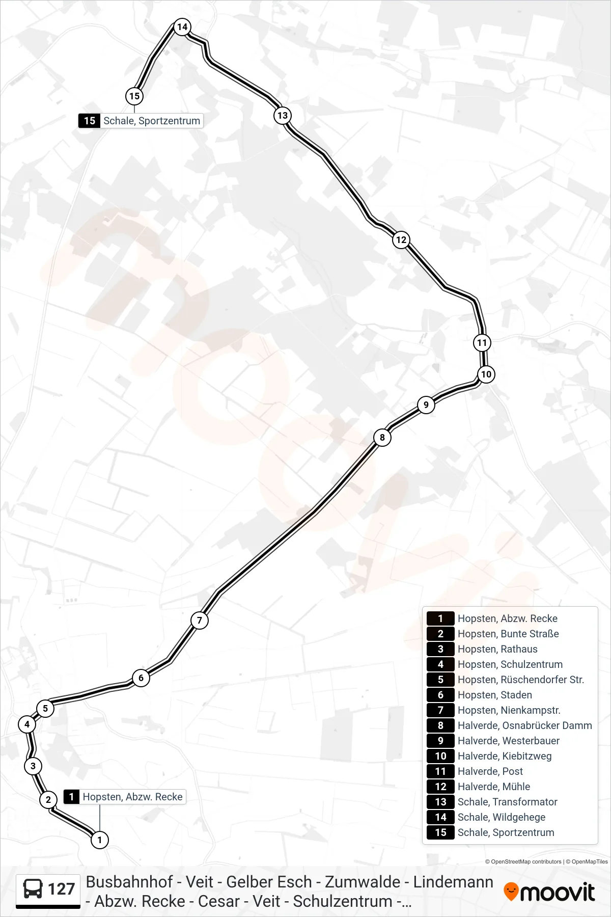 127 bus Line (Schale, Sportzentrum) route and stops on a map