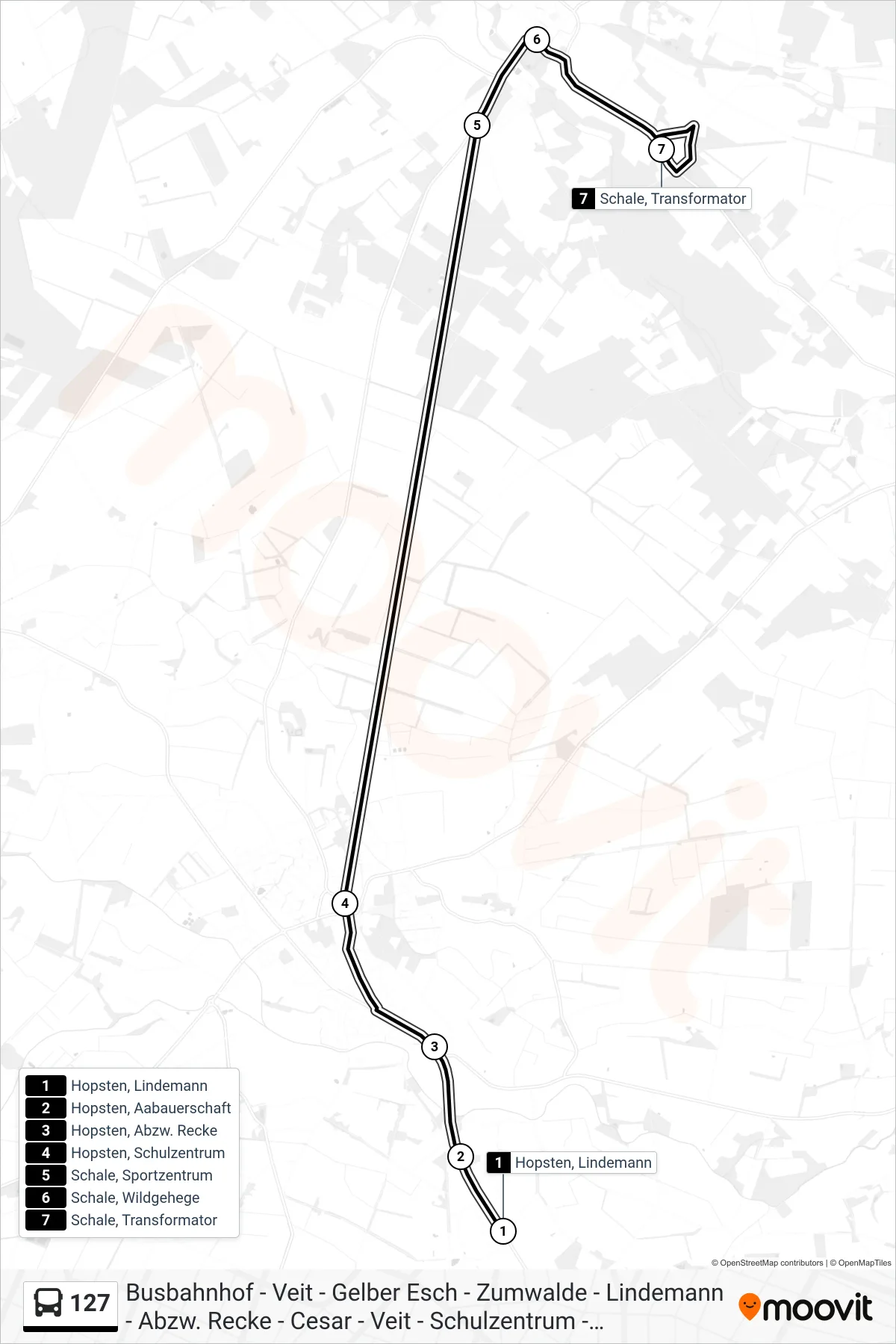 127 bus Line (Schale, Transformator) route and stops on a map