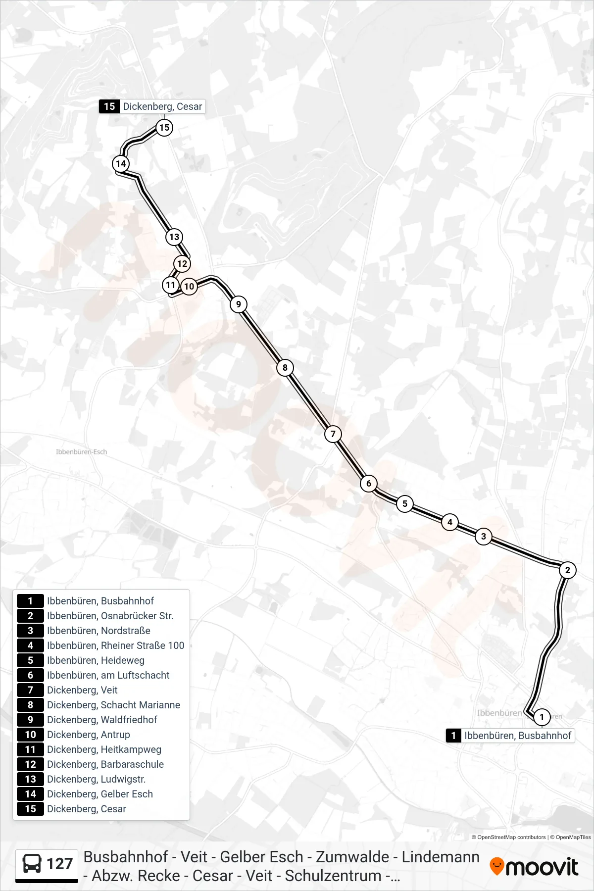 127 bus Line (Dickenberg, Cesar) route and stops on a map