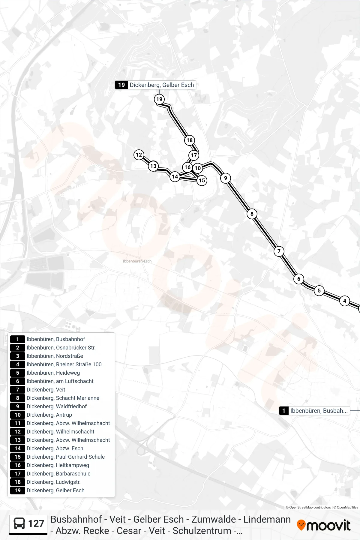 Linie 127 (Bus) Richtung Dickenberg, Gelber Esch: Route und Haltestellen auf der Karte