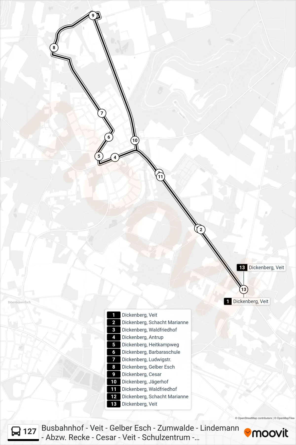 Linie 127 (Bus) Richtung Dickenberg, Veit: Route und Haltestellen auf der Karte