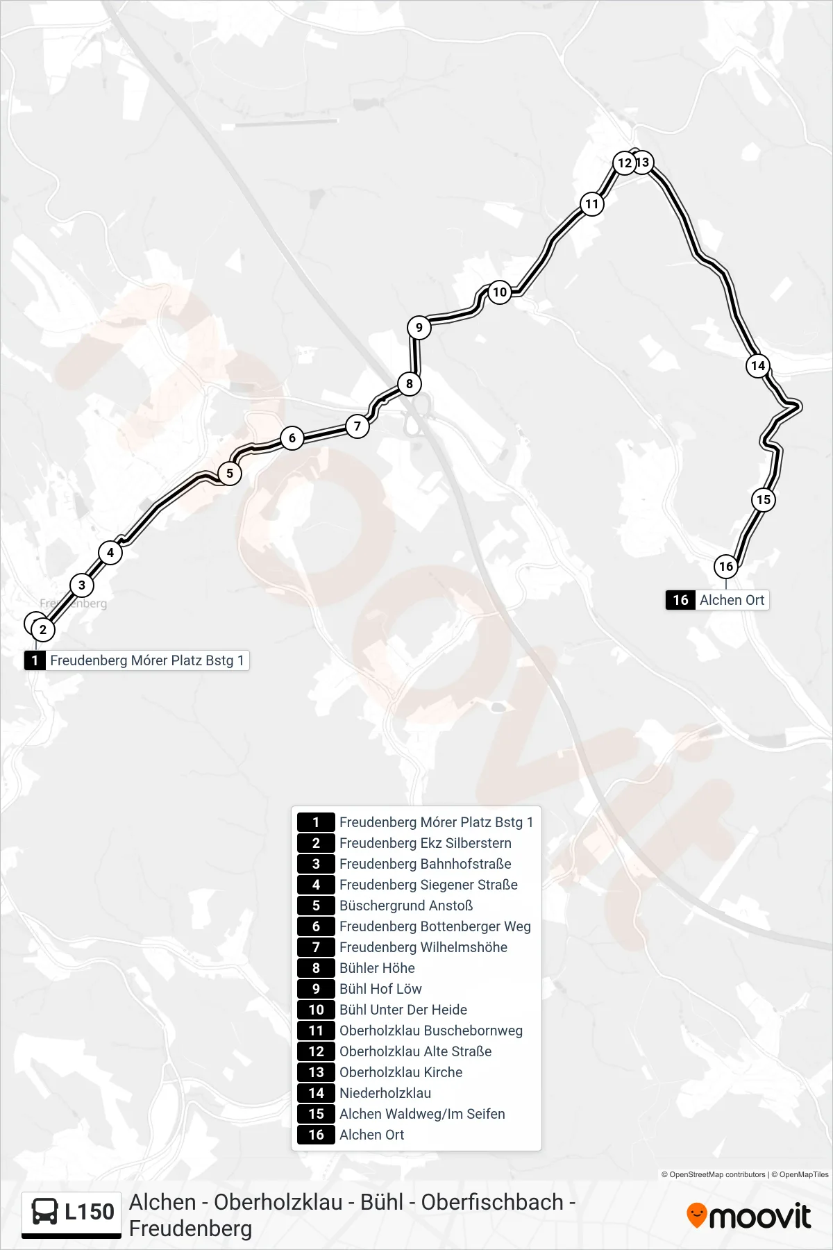 L150 bus Line (Alchen Ort) route and stops on a map
