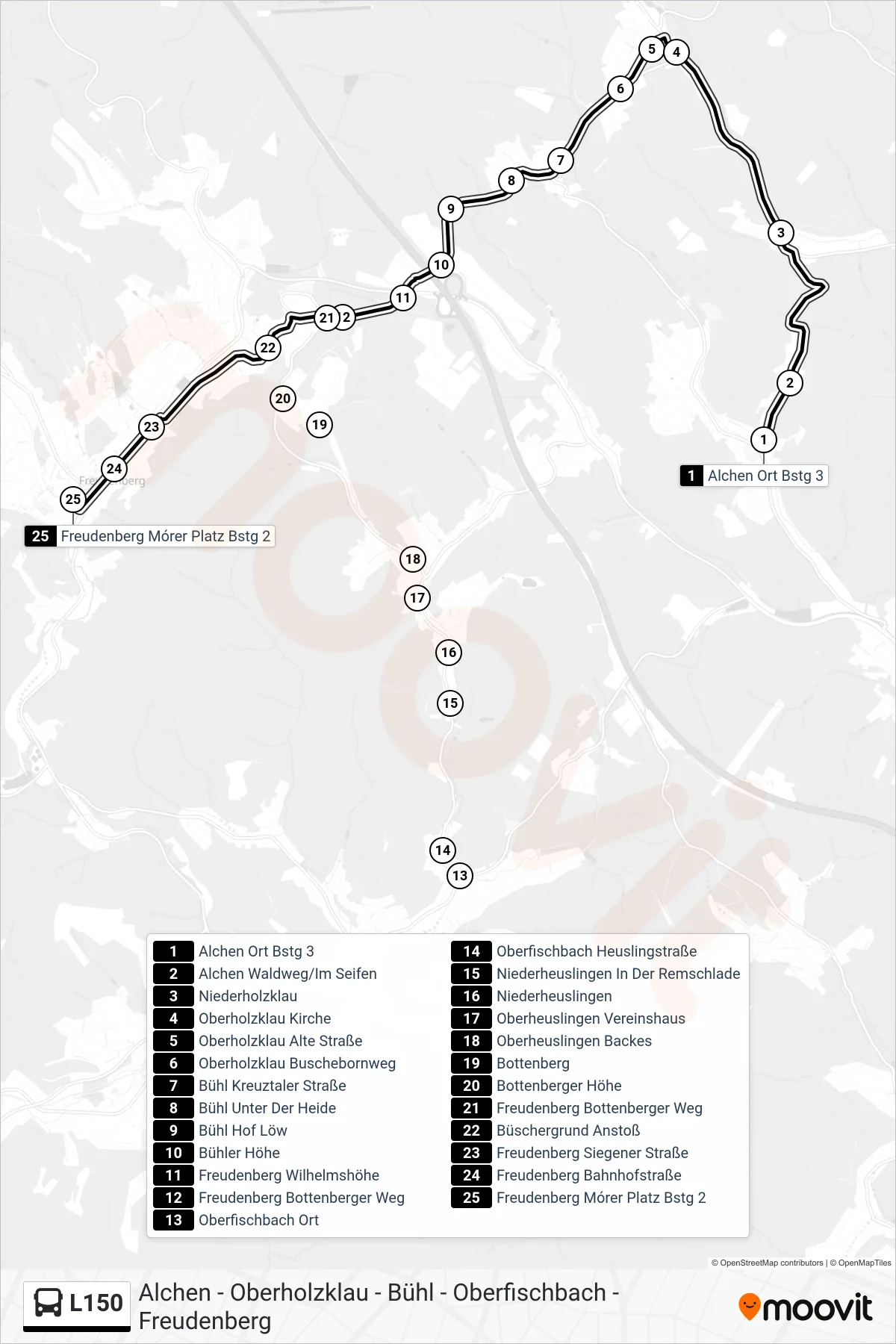 L150 bus Line (Freudenberg Mórer Platz Bstg 2) route and stops on a map