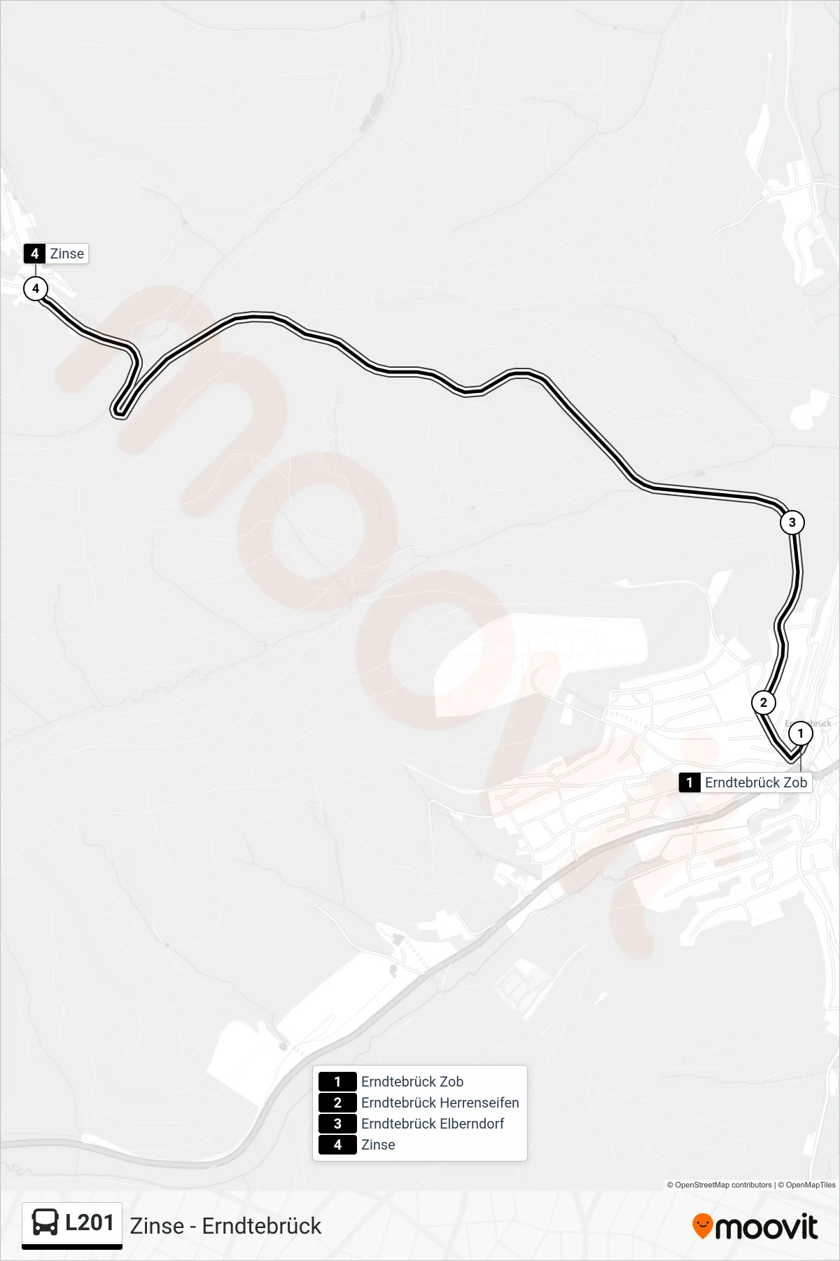 Linie L201 (Bus) Richtung Zinse: Route und Haltestellen auf der Karte